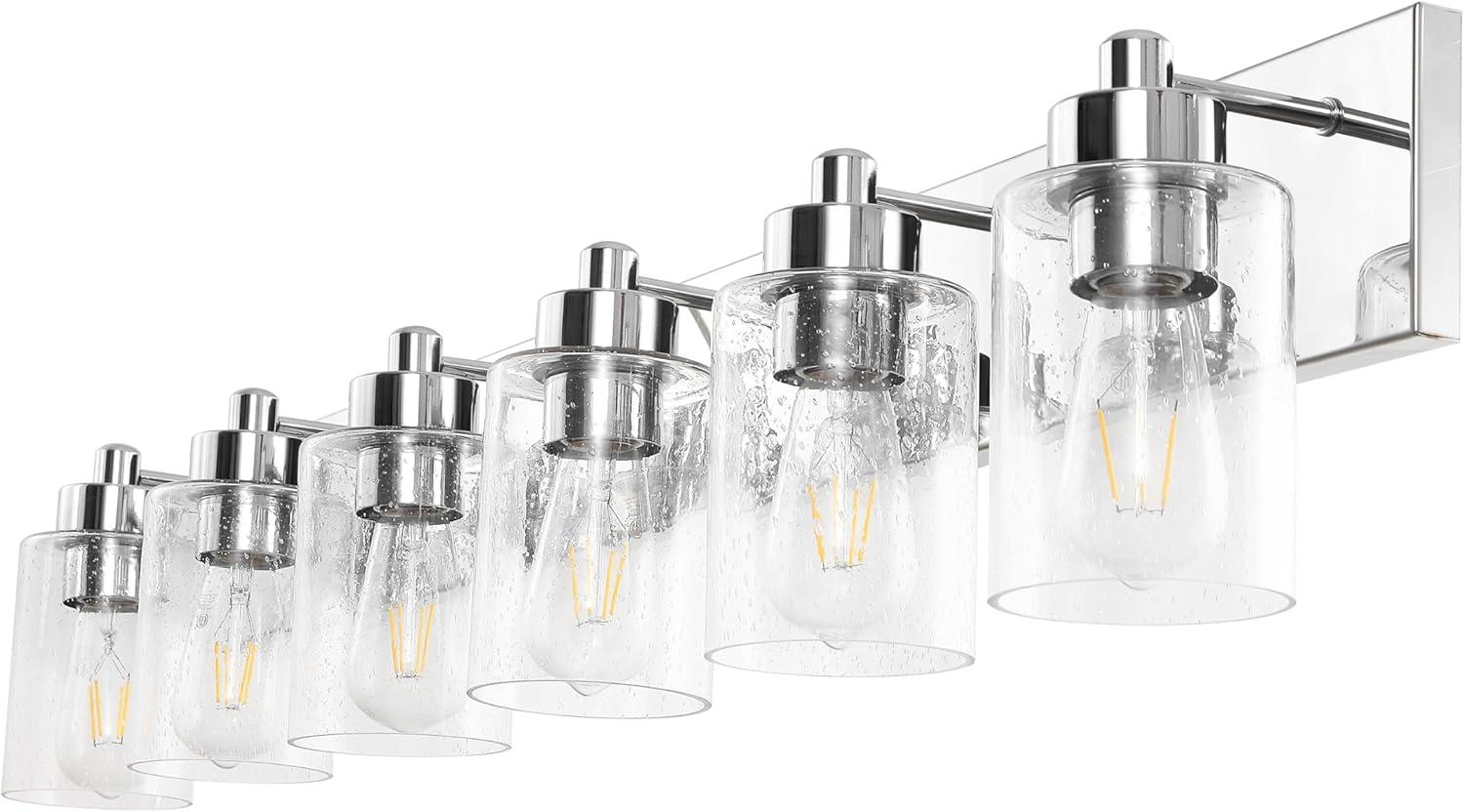 image:imageJONATHAN Y 36 Brass GoldClear 5Light Modern LED Vanity Light for Bathroom Mirror MidCentury Wall Sconce with Clear Seeded Glass Shades Contemporary Iron Fixture LED Bulbs JYL7620DChromeClear