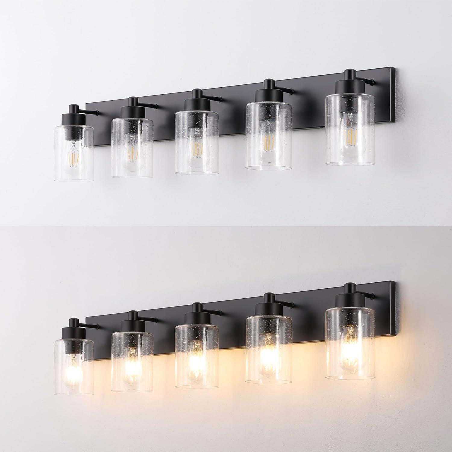 image:imageJONATHAN Y 36 Brass GoldClear 5Light Modern LED Vanity Light for Bathroom Mirror MidCentury Wall Sconce with Clear Seeded Glass Shades Contemporary Iron Fixture LED Bulbs JYL7620DBlackClear