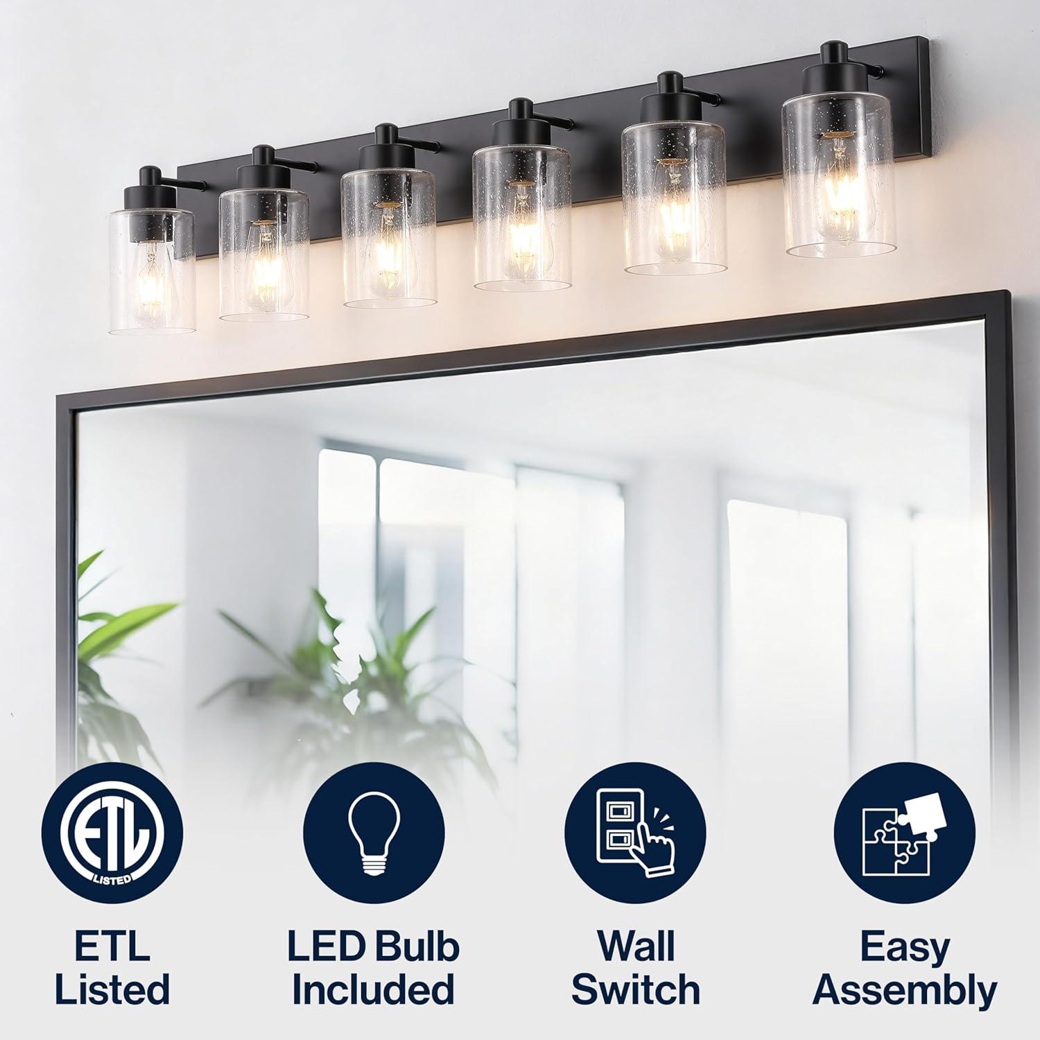image:imageJONATHAN Y 36 Brass GoldClear 5Light Modern LED Vanity Light for Bathroom Mirror MidCentury Wall Sconce with Clear Seeded Glass Shades Contemporary Iron Fixture LED Bulbs JYL7620DBlackClear