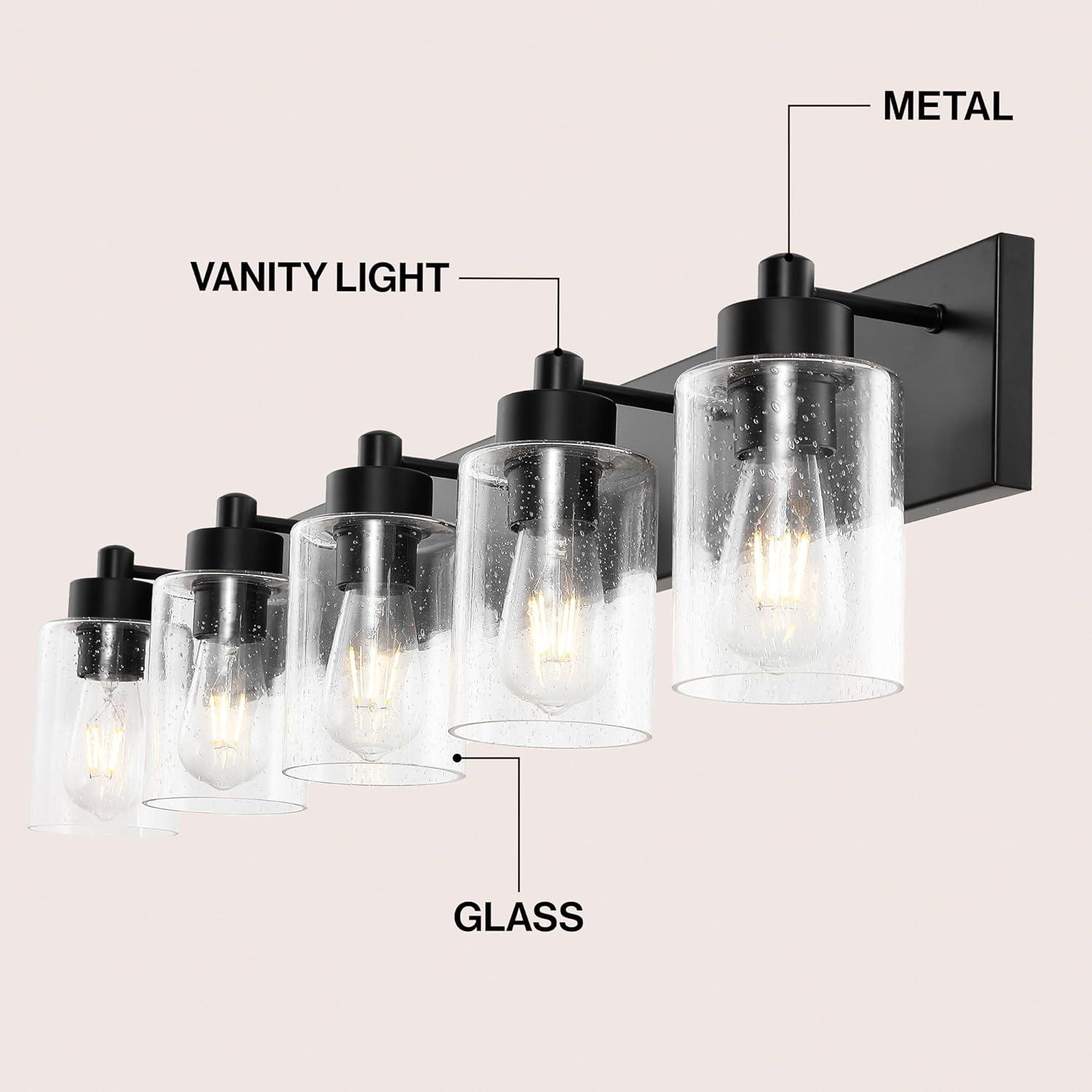image:imageJONATHAN Y 36 Brass GoldClear 5Light Modern LED Vanity Light for Bathroom Mirror MidCentury Wall Sconce with Clear Seeded Glass Shades Contemporary Iron Fixture LED Bulbs JYL7620DBlackClear