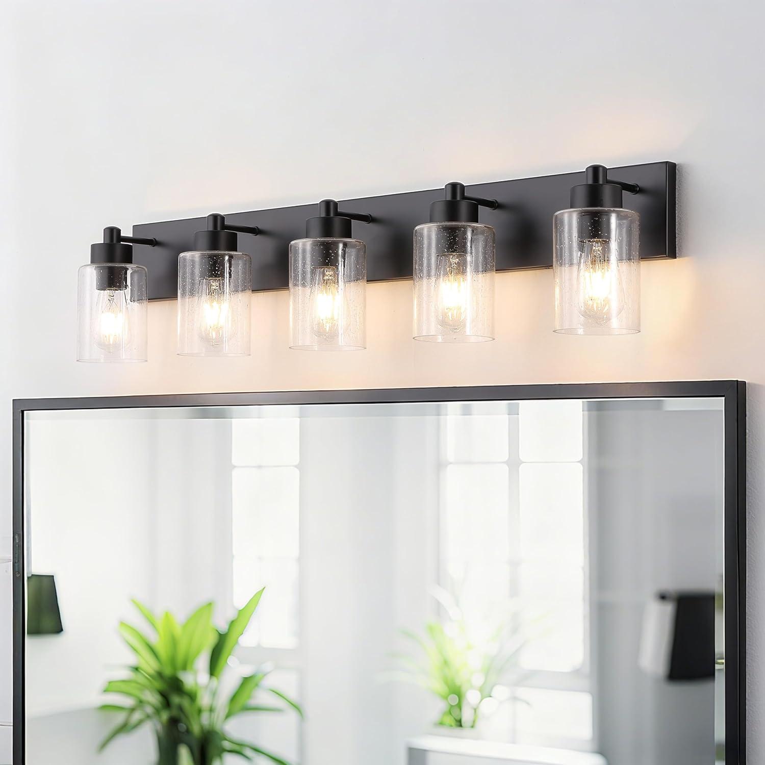 image:imageJONATHAN Y 36 Brass GoldClear 5Light Modern LED Vanity Light for Bathroom Mirror MidCentury Wall Sconce with Clear Seeded Glass Shades Contemporary Iron Fixture LED Bulbs JYL7620DBlackClear