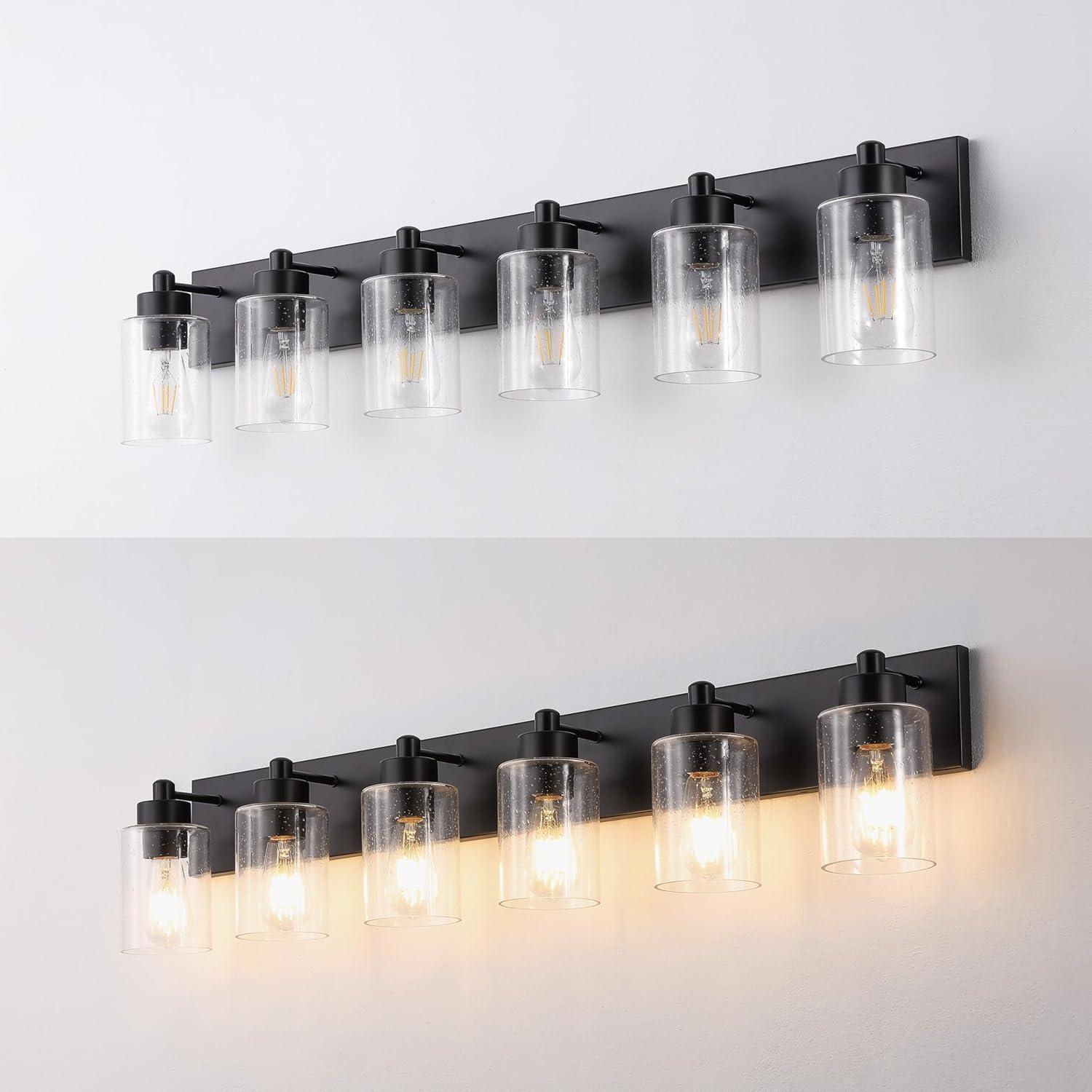 image:imageJONATHAN Y 36 Brass GoldClear 5Light Modern LED Vanity Light for Bathroom Mirror MidCentury Wall Sconce with Clear Seeded Glass Shades Contemporary Iron Fixture LED Bulbs JYL7620DBlackClear