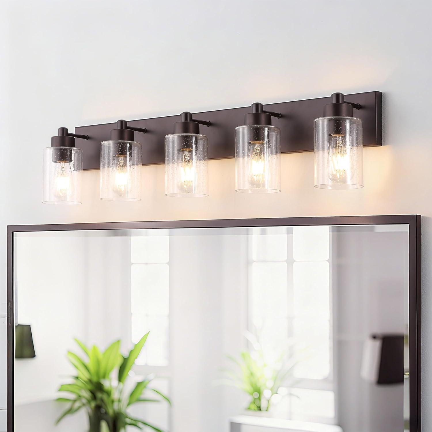 image:imageJONATHAN Y 36 Brass GoldClear 5Light Modern LED Vanity Light for Bathroom Mirror MidCentury Wall Sconce with Clear Seeded Glass Shades Contemporary Iron Fixture LED Bulbs JYL7620DOil Rubbed BronzeClear