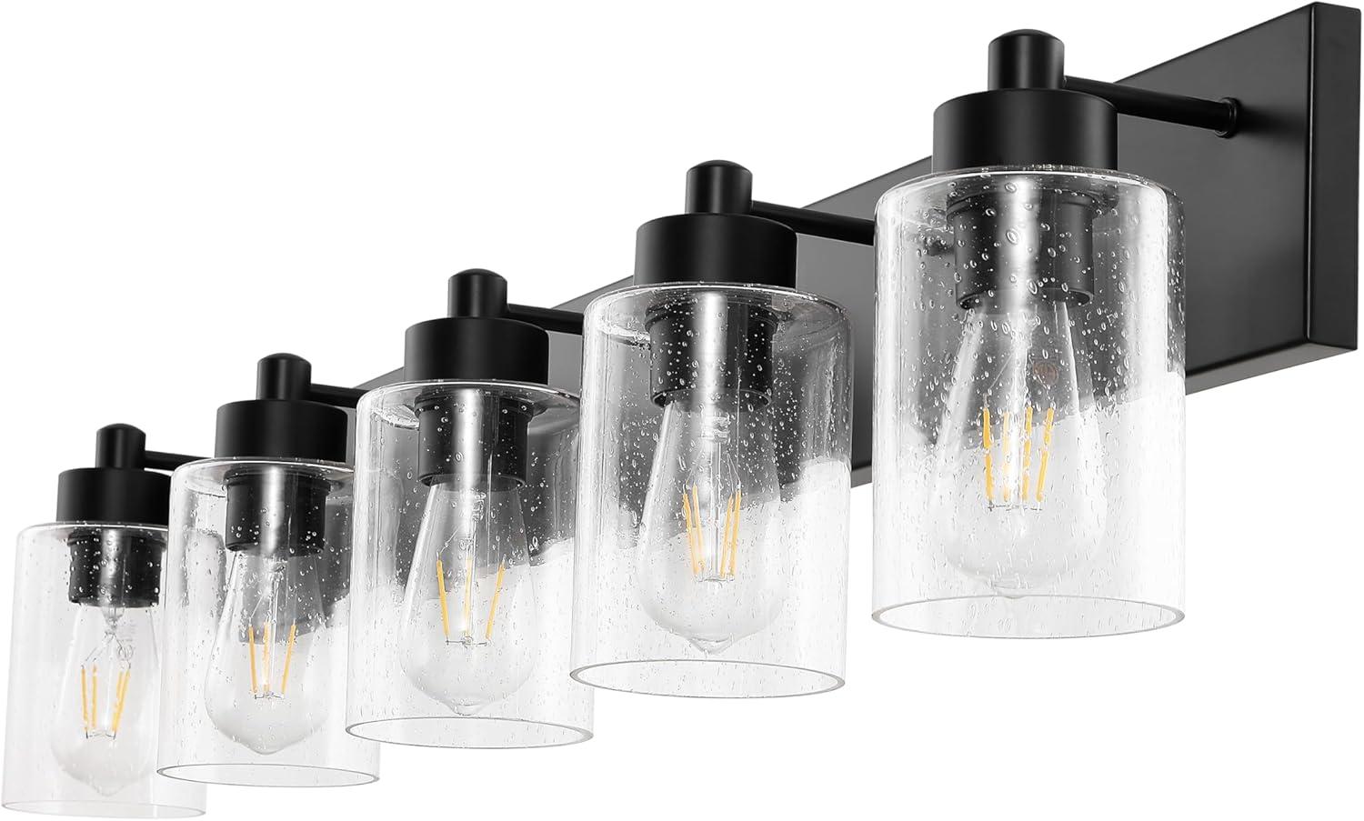 image:imageJONATHAN Y 36 Brass GoldClear 5Light Modern LED Vanity Light for Bathroom Mirror MidCentury Wall Sconce with Clear Seeded Glass Shades Contemporary Iron Fixture LED Bulbs JYL7620DBlackClear