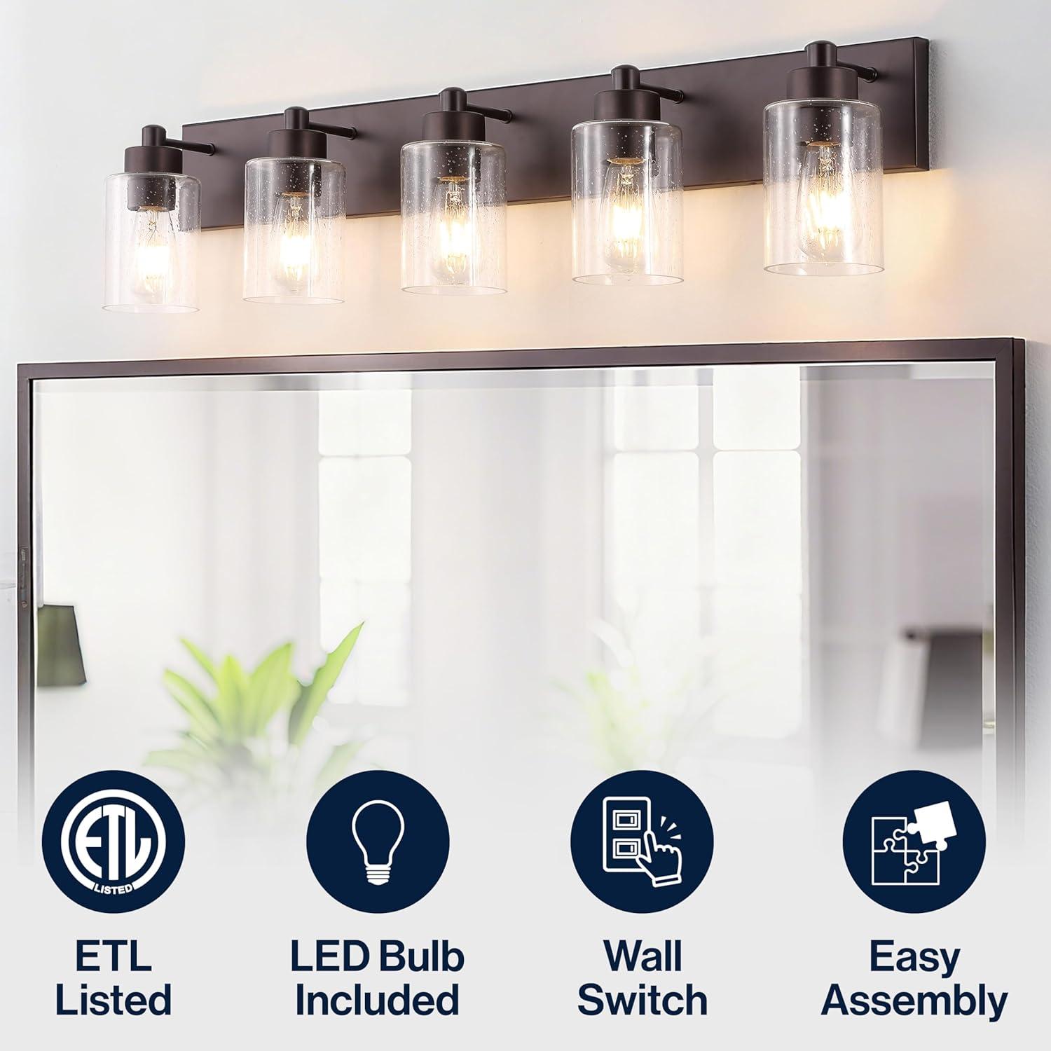 image:imageJONATHAN Y 36 Brass GoldClear 5Light Modern LED Vanity Light for Bathroom Mirror MidCentury Wall Sconce with Clear Seeded Glass Shades Contemporary Iron Fixture LED Bulbs JYL7620DOil Rubbed BronzeClear