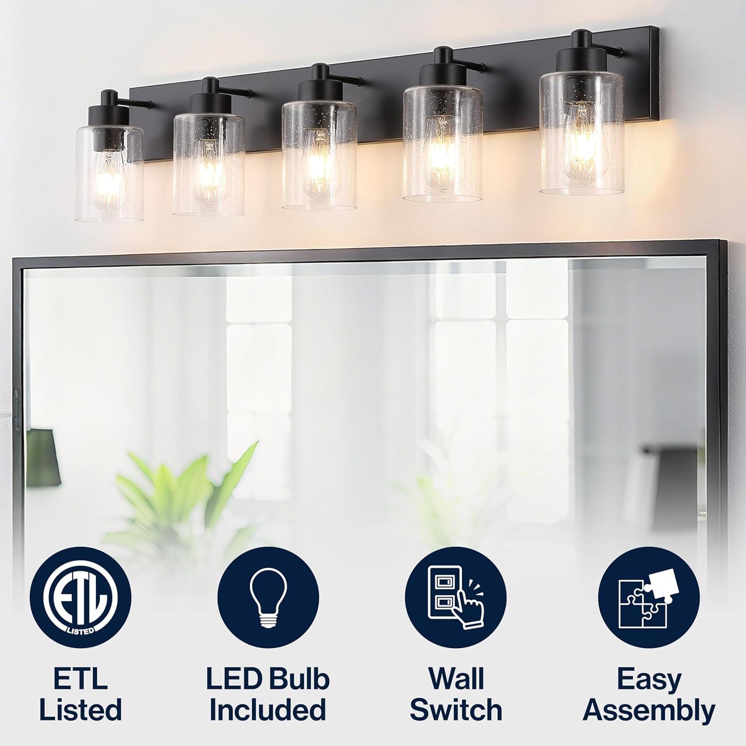 image:imageJONATHAN Y 36 Brass GoldClear 5Light Modern LED Vanity Light for Bathroom Mirror MidCentury Wall Sconce with Clear Seeded Glass Shades Contemporary Iron Fixture LED Bulbs JYL7620DBlackClear