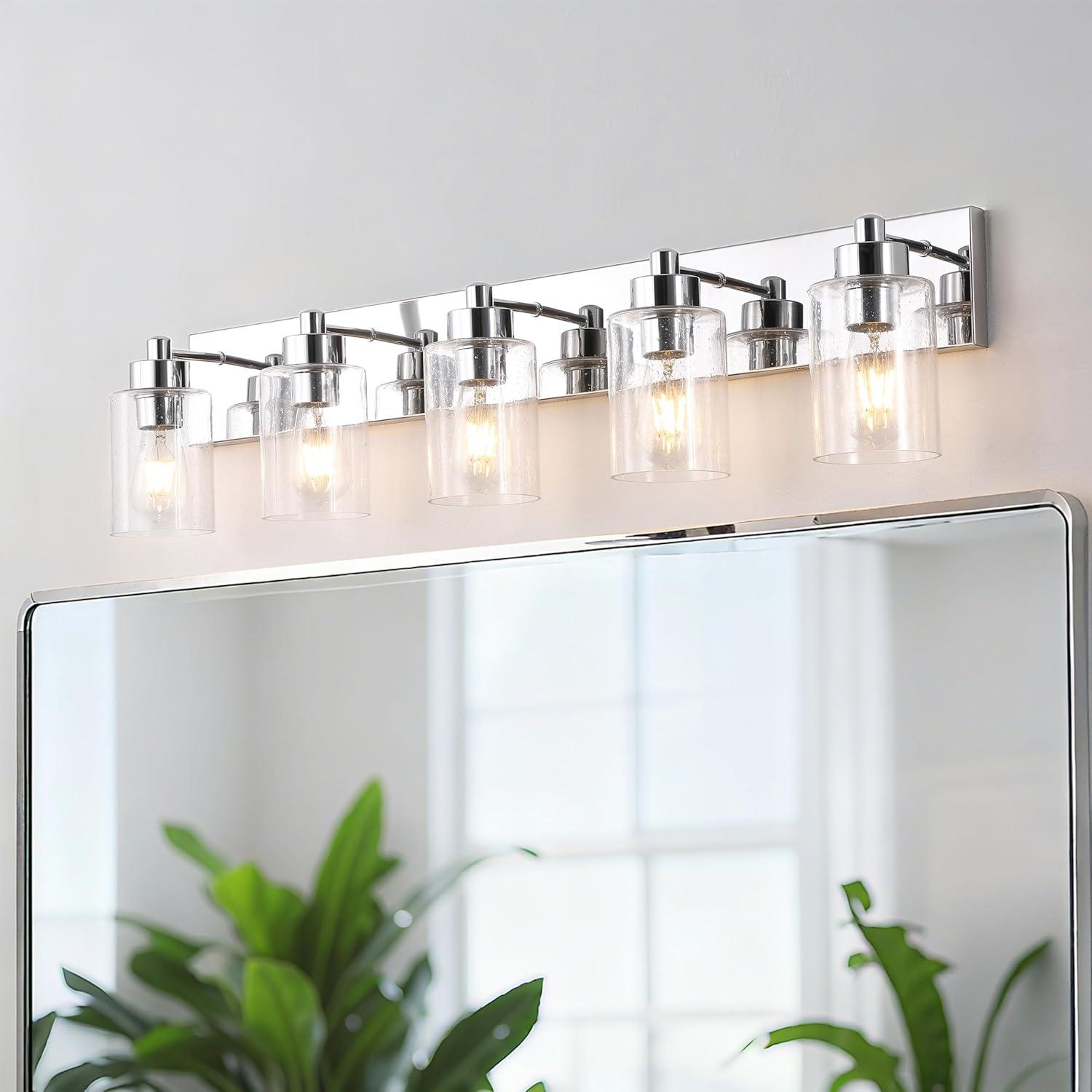 image:imageJONATHAN Y 36 Brass GoldClear 5Light Modern LED Vanity Light for Bathroom Mirror MidCentury Wall Sconce with Clear Seeded Glass Shades Contemporary Iron Fixture LED Bulbs JYL7620DChromeClear