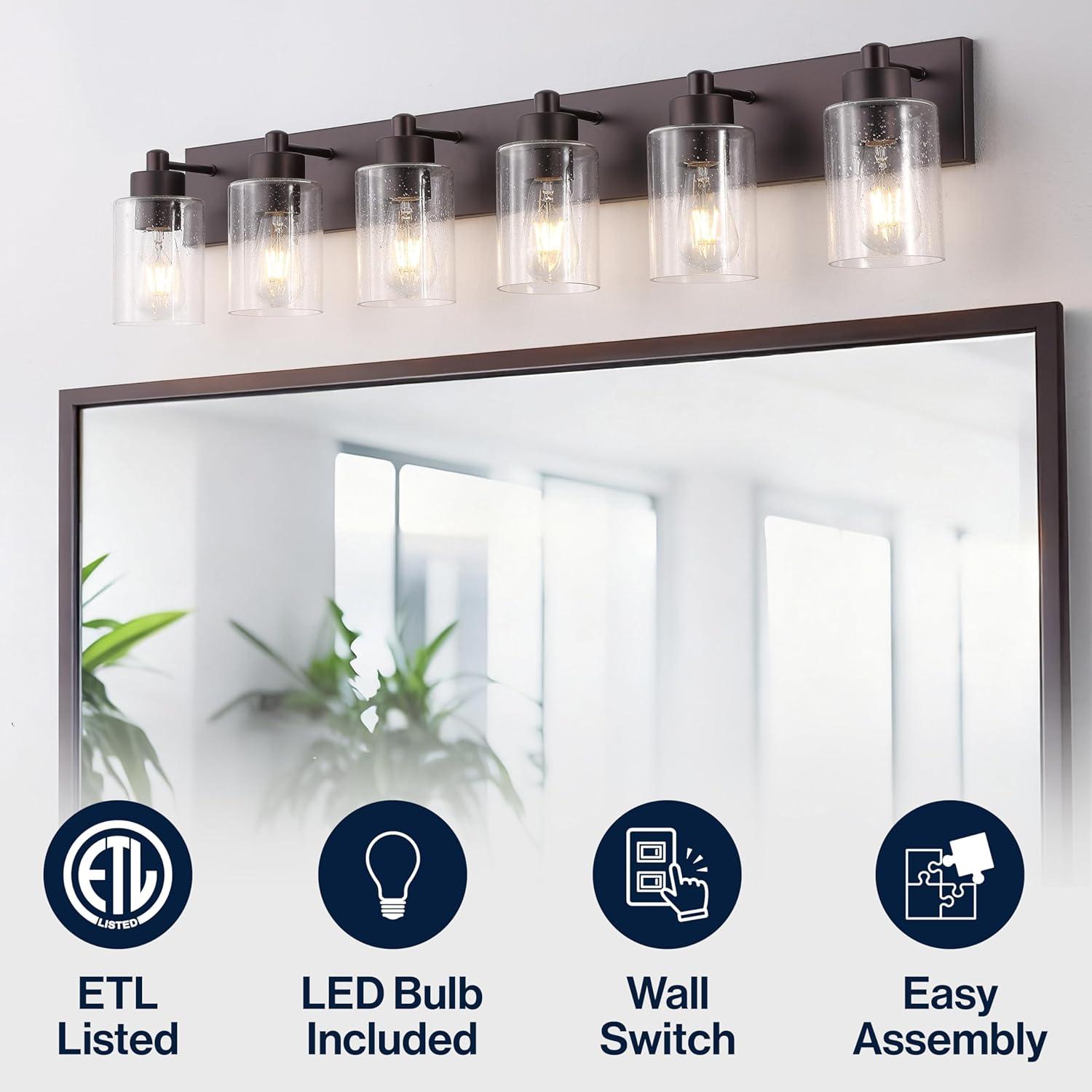 image:imageJONATHAN Y 36 Brass GoldClear 5Light Modern LED Vanity Light for Bathroom Mirror MidCentury Wall Sconce with Clear Seeded Glass Shades Contemporary Iron Fixture LED Bulbs JYL7620DOil Rubbed BronzeClear
