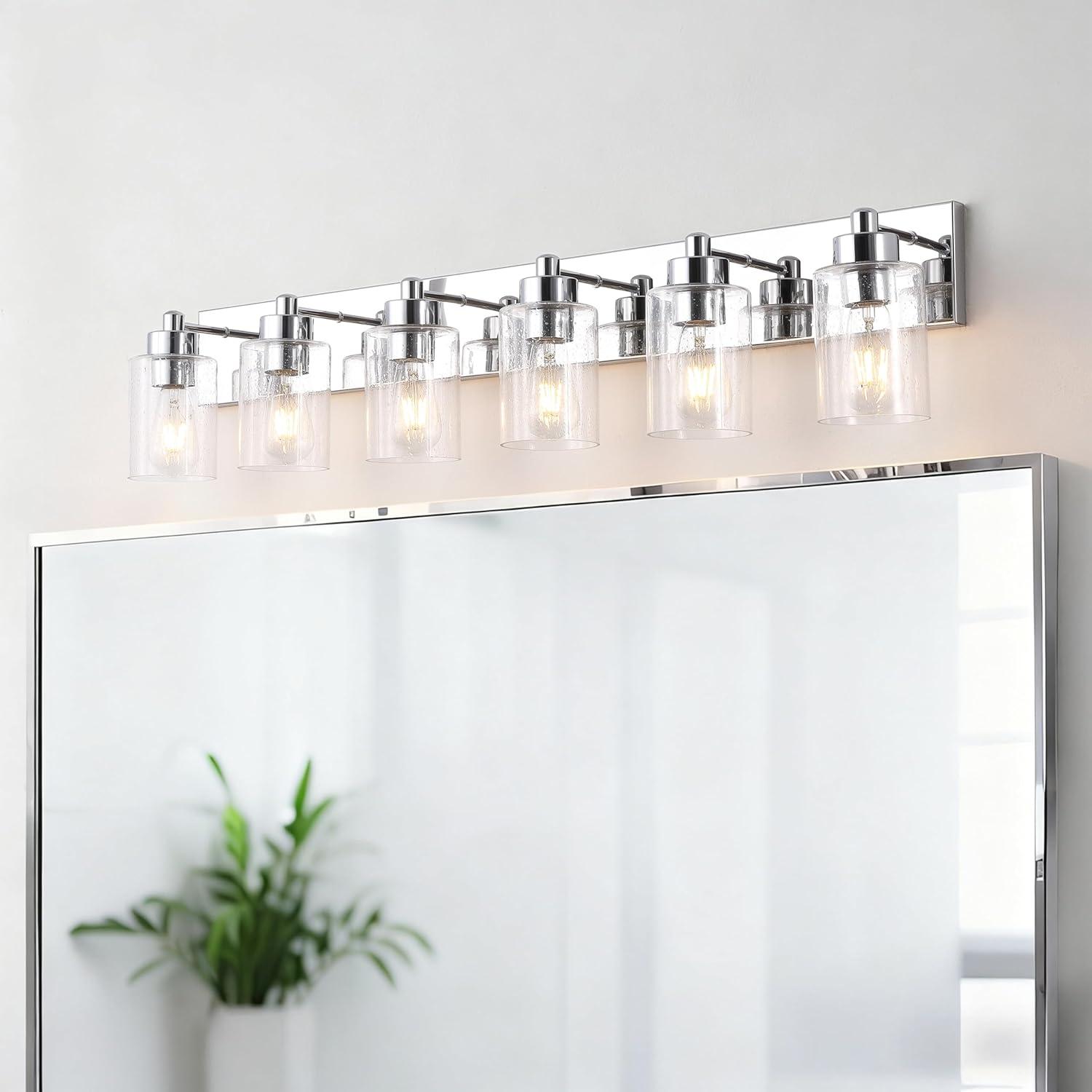 image:imageJONATHAN Y 36 Brass GoldClear 5Light Modern LED Vanity Light for Bathroom Mirror MidCentury Wall Sconce with Clear Seeded Glass Shades Contemporary Iron Fixture LED Bulbs JYL7620DChromeClear