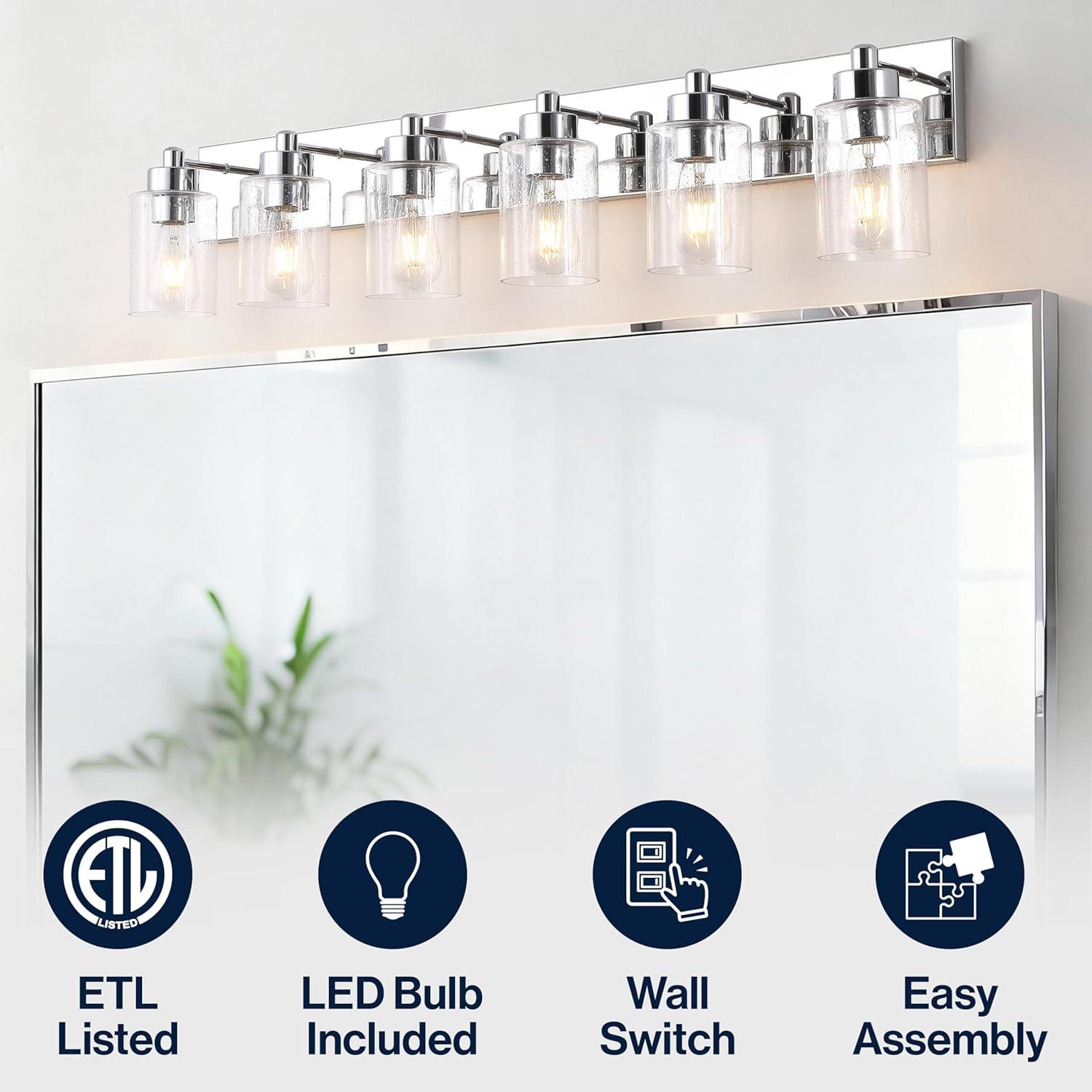 image:imageJONATHAN Y 36 Brass GoldClear 5Light Modern LED Vanity Light for Bathroom Mirror MidCentury Wall Sconce with Clear Seeded Glass Shades Contemporary Iron Fixture LED Bulbs JYL7620DChromeClear