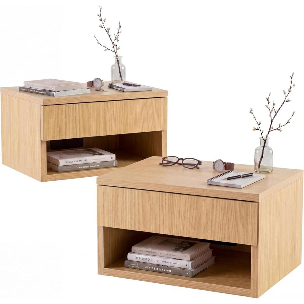 image:imageJONATHAN Y Ettore 1571 MidCentury Modern Floating Wall Mounted Nightstand with SoftClose Drawer and Cable Hole Light Oak Set of 2 NST2002CSET2