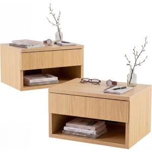 JONATHAN Y Ettore 15.71″ Mid-Century Modern Floating Wall Mounted Nightstand with Soft-Close Drawer and Cable Hole, Light Oak (Set of 2) (NST2002C-SET2)