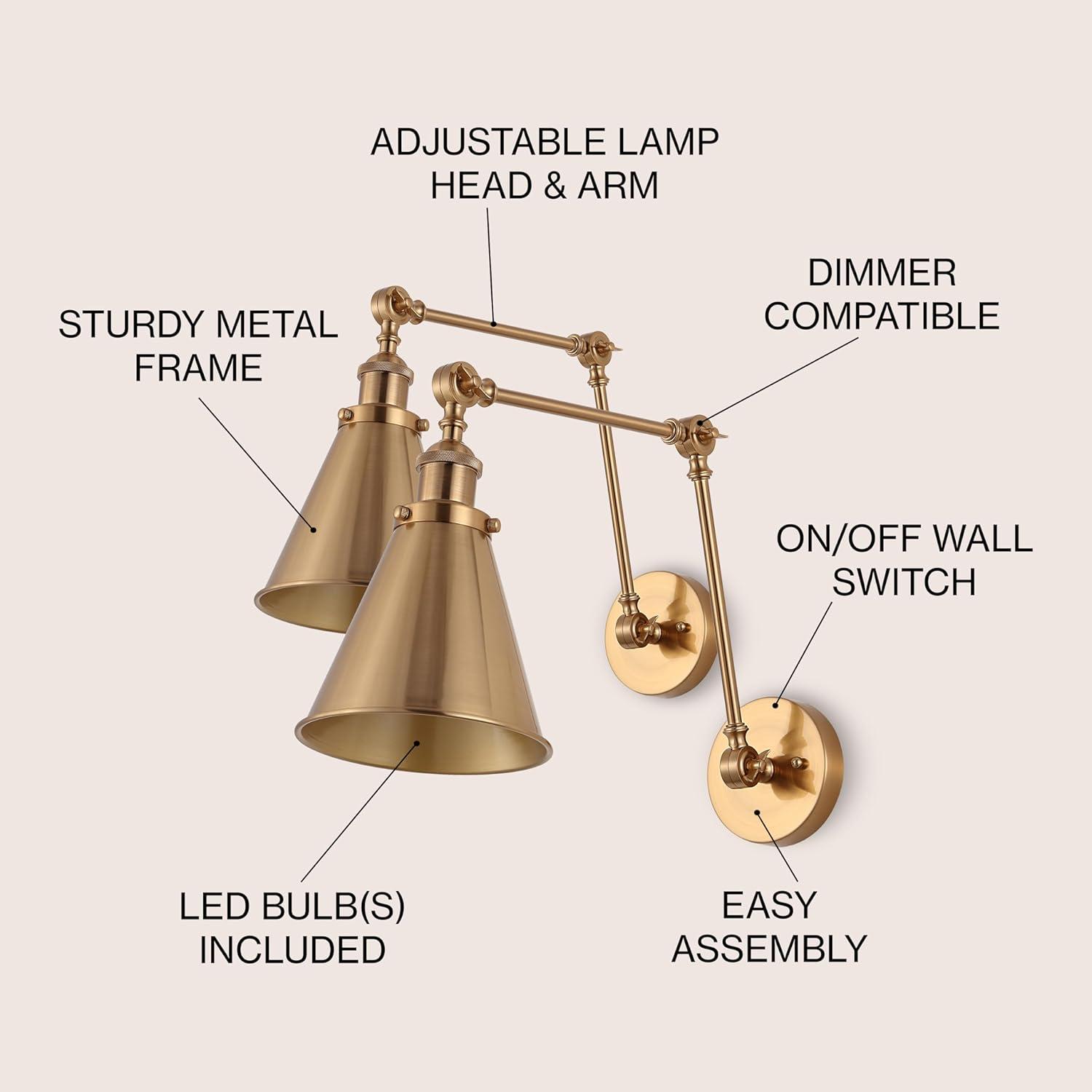 image:imageJONATHAN Y 7 GrayBlack Classic Industrial Metal Adjustable Arm LED Wall Sconce for Bedside Reading Farmhouse Swing Arm Wall Lamp with Metal Shade Hardwired JYL7462HSET2Brass Gold