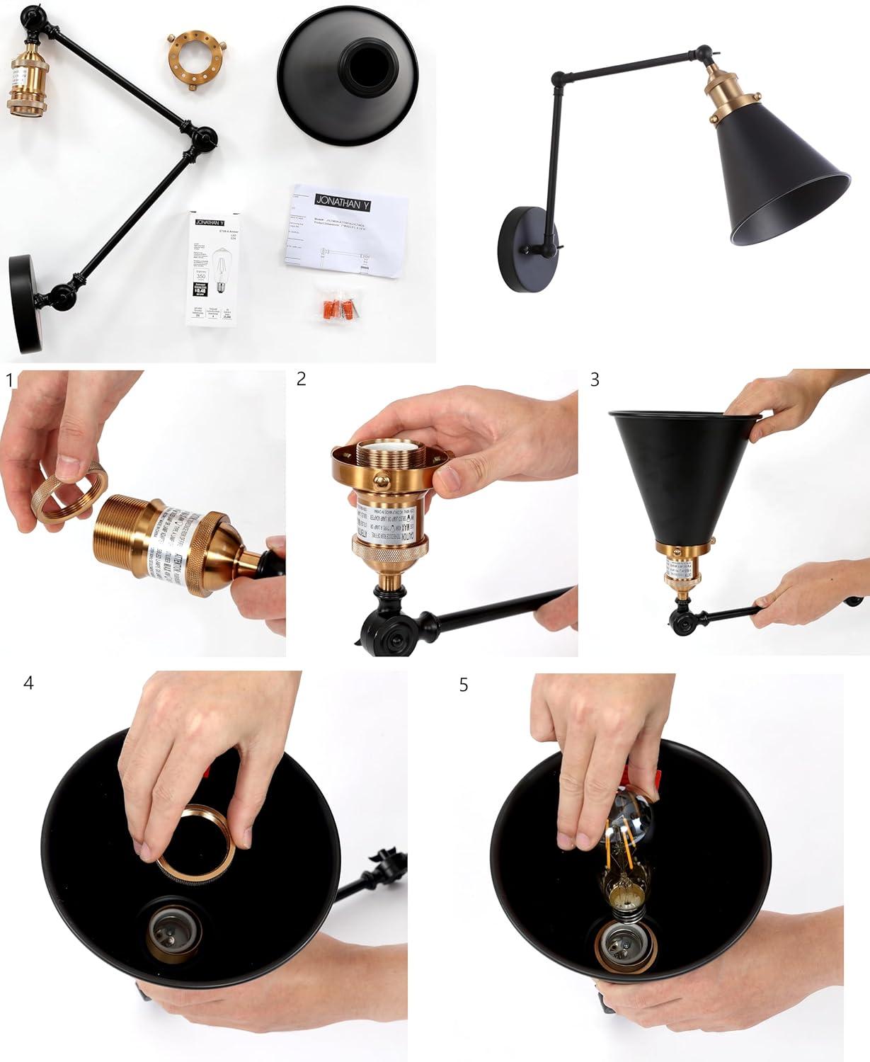 image:imageJONATHAN Y 7 GrayBlack Classic Industrial Metal Adjustable Arm LED Wall Sconce for Bedside Reading Farmhouse Swing Arm Wall Lamp with Metal Shade Hardwired JYL7462HSET2WhiteBrass Gold