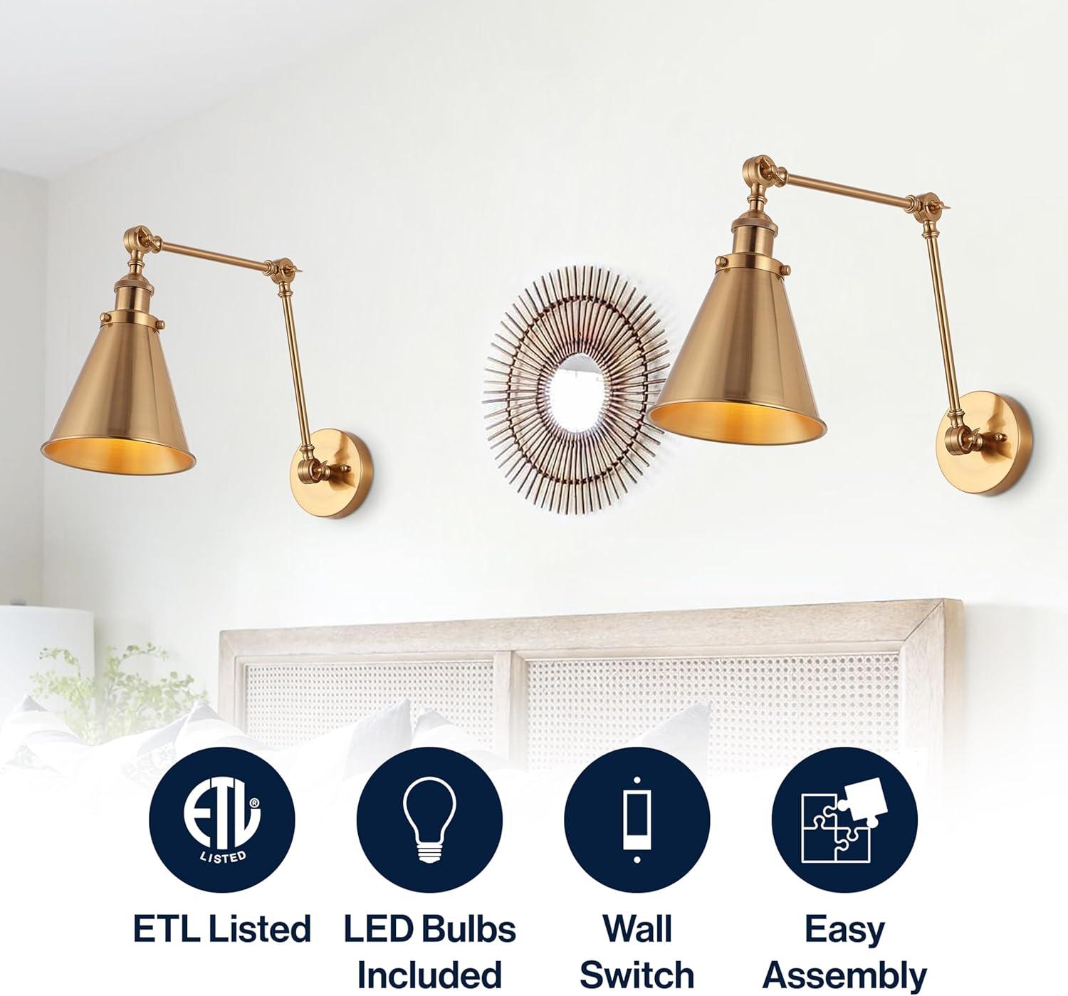 image:imageJONATHAN Y 7 GrayBlack Classic Industrial Metal Adjustable Arm LED Wall Sconce for Bedside Reading Farmhouse Swing Arm Wall Lamp with Metal Shade Hardwired JYL7462HSET2Brass Gold