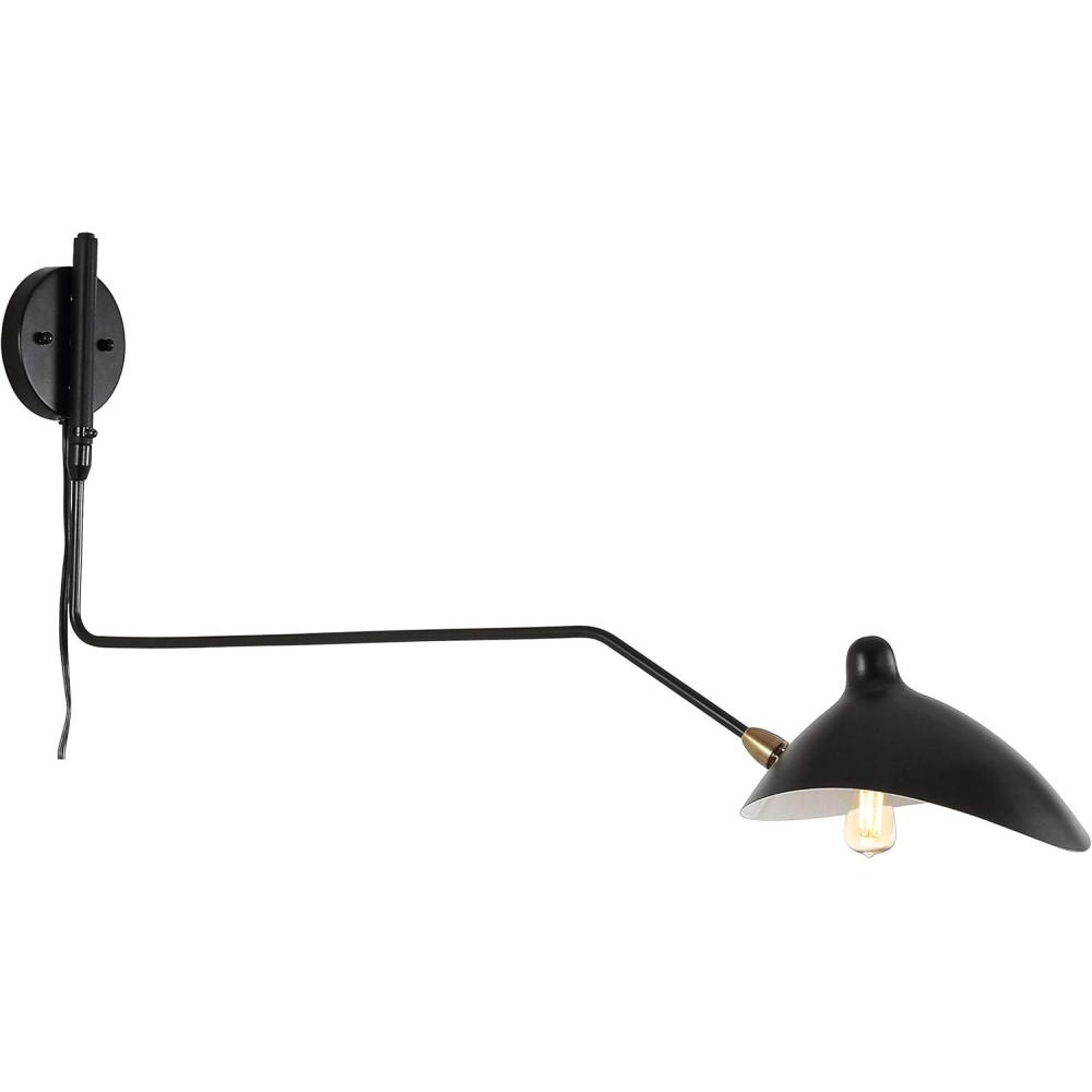 image:imageJONATHAN Y 35 WhiteBrass Gold Retro Swing Arm LED Wall Sconce MidCentury Modern Iron Plugin Light for Bedroom Living Room Adjustable Metal Bowl Shade JYL9067ABlack