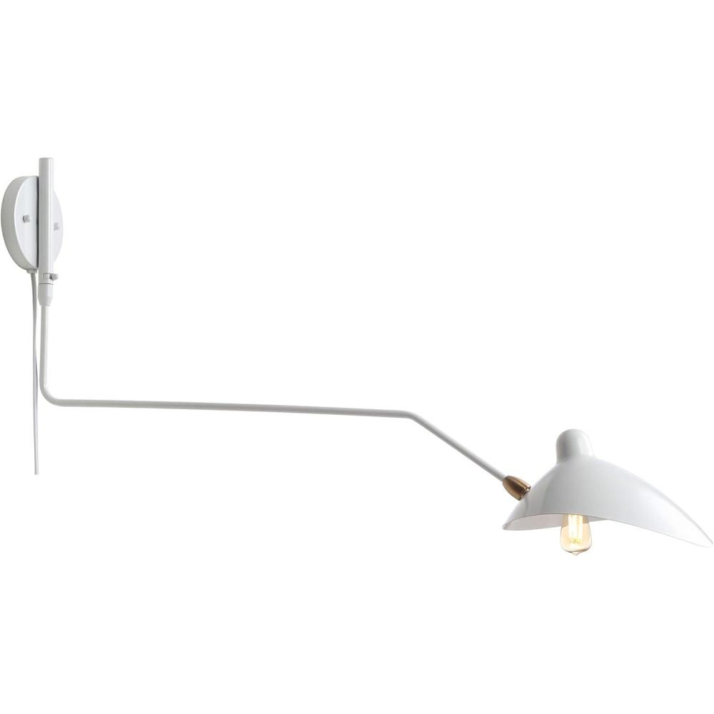 image:imageJONATHAN Y 35 WhiteBrass Gold Retro Swing Arm LED Wall Sconce MidCentury Modern Iron Plugin Light for Bedroom Living Room Adjustable Metal Bowl Shade JYL9067AWhite