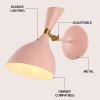 JONATHAN Y 11.25″ Navy/Brass Gold Modern LED Wall Sconce, Retro Iron Lamp for Bedroom, Bathroom, Hallway, Adjustable Mid-Century Fixture with Black Iron Shade, LED (JYL9066C)(Pink/Brass Gold)
