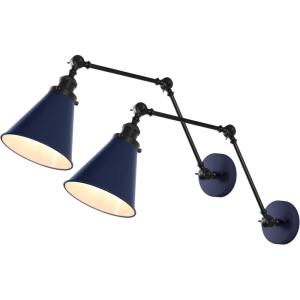 JONATHAN Y 7″ Gray/Black Classic Industrial Metal Adjustable Arm LED Wall Sconce for Bedside Reading, Farmhouse Swing Arm Wall Lamp with Metal Shade, Hardwired (JYL7462H-SET2)(Navy/Black)