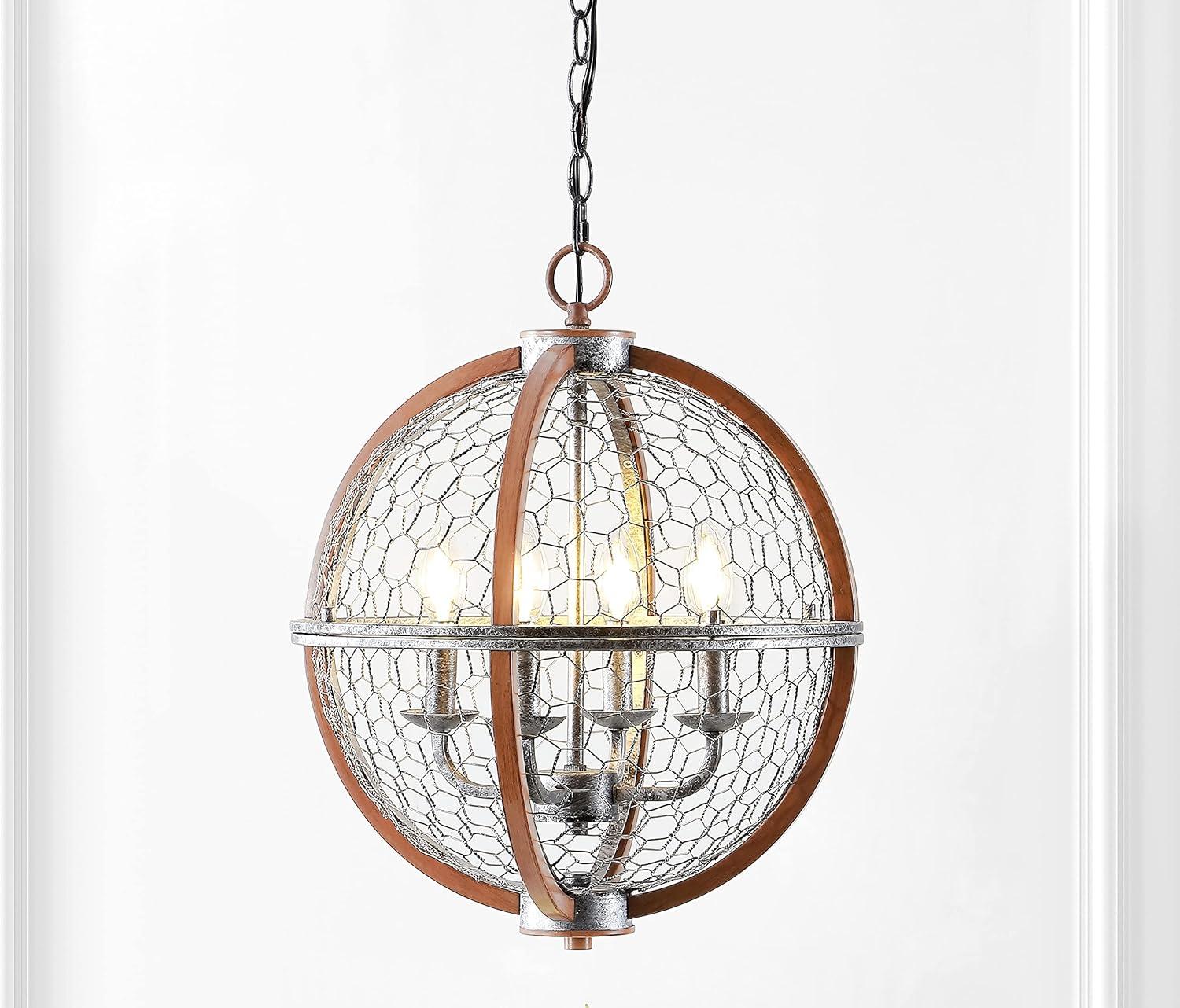 image:imageJONATHAN Y 16 Antiqued SilverBrown 4Light Iron Pendant Light Rustic French Country Globe Chicken Wire Chandelier for Kitchen Island Adjustable Height LED Bulbs Included JYL7518A