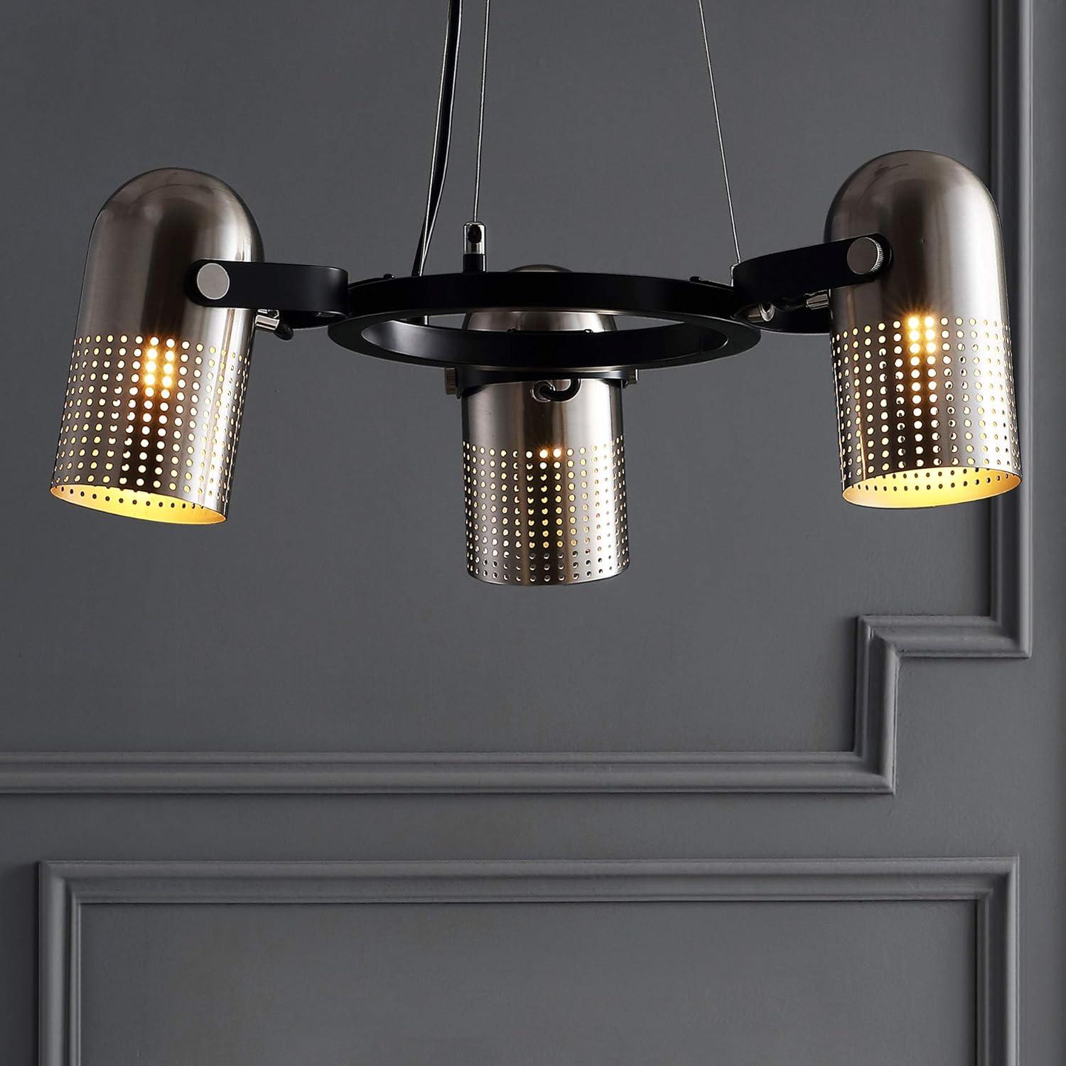 image:imageJONATHAN Y 22 Brushed NickelBlack 3Light Iron Chandelier Adjustable StageStyle Pendant Light for Kitchen Dining Room Contemporary Wagon Wheel LED Bulbs Included JYL6128A