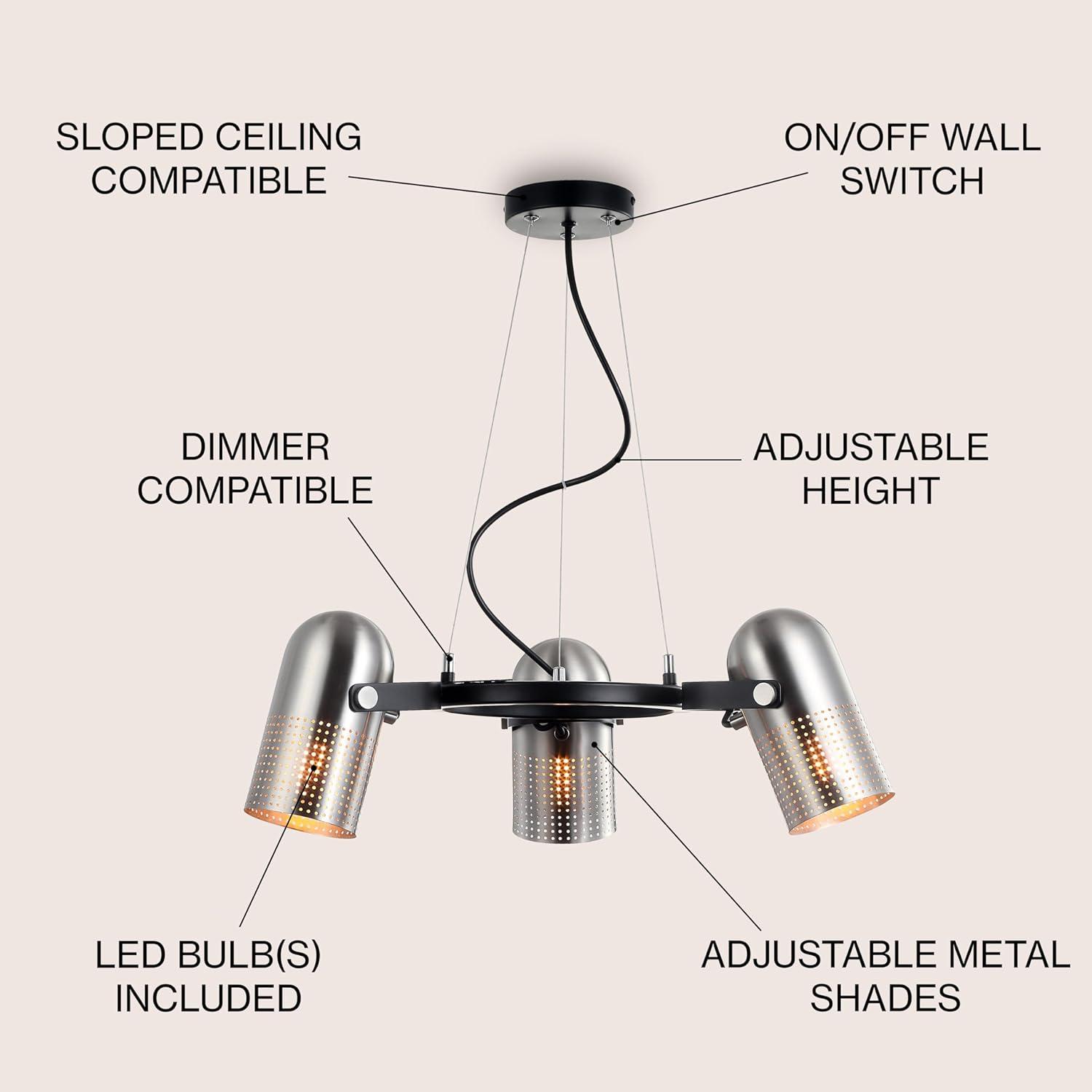 image:imageJONATHAN Y 22 Brushed NickelBlack 3Light Iron Chandelier Adjustable StageStyle Pendant Light for Kitchen Dining Room Contemporary Wagon Wheel LED Bulbs Included JYL6128A