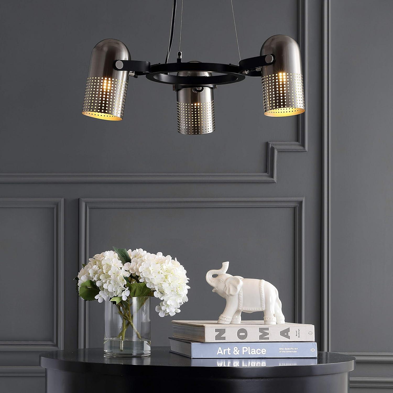 image:imageJONATHAN Y 22 Brushed NickelBlack 3Light Iron Chandelier Adjustable StageStyle Pendant Light for Kitchen Dining Room Contemporary Wagon Wheel LED Bulbs Included JYL6128A
