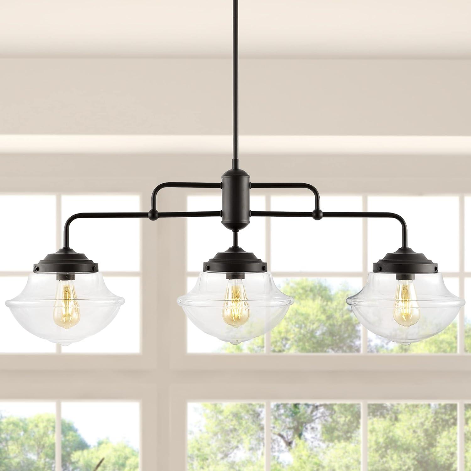image:imageJONATHAN Y 375 Oil Rubbed Bronze 3Light Iron and Glass Linear Pendant Light Industrial Farmhouse Chandelier for Kitchen Island Dining Room LED Bulbs Included JYL7588A
