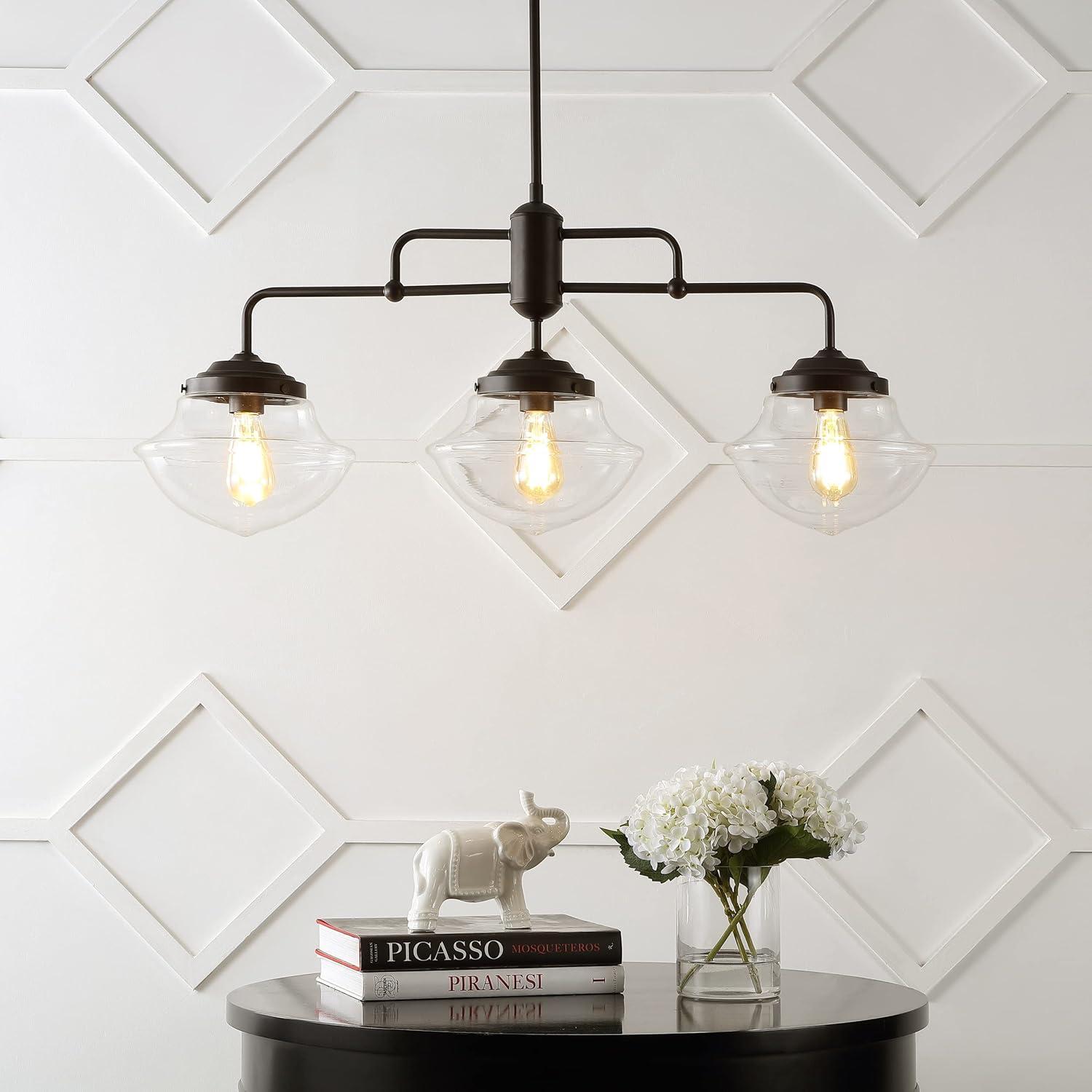 image:imageJONATHAN Y 375 Oil Rubbed Bronze 3Light Iron and Glass Linear Pendant Light Industrial Farmhouse Chandelier for Kitchen Island Dining Room LED Bulbs Included JYL7588A