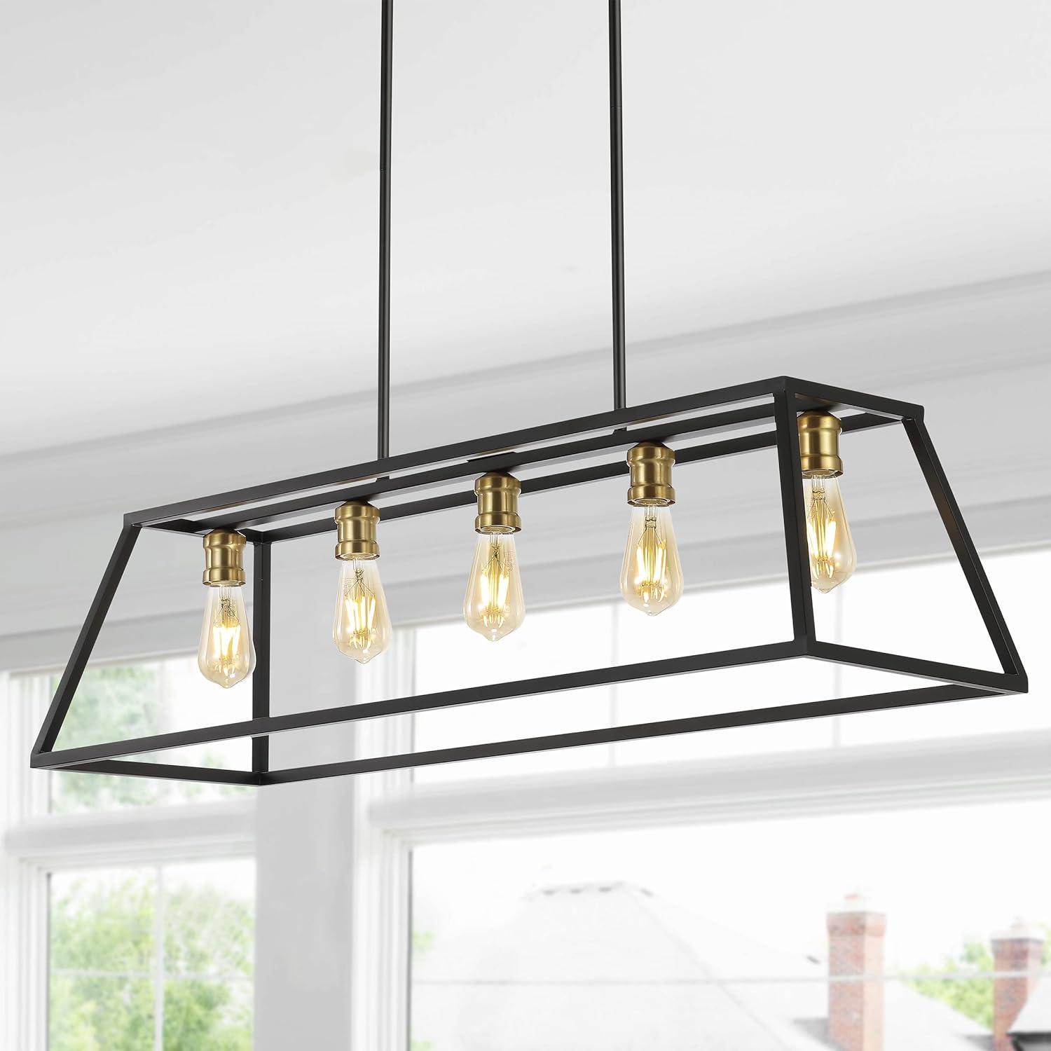 image:imageJONATHAN Y 38 Oil Rubbed Bronze 5Light Farmhouse Linear Pendant for Kitchen Island Adjustable Iron Vintage Chandelier for Dining Room LED Bulbs Included Dimmable JYL7521ABlackBrass Gold