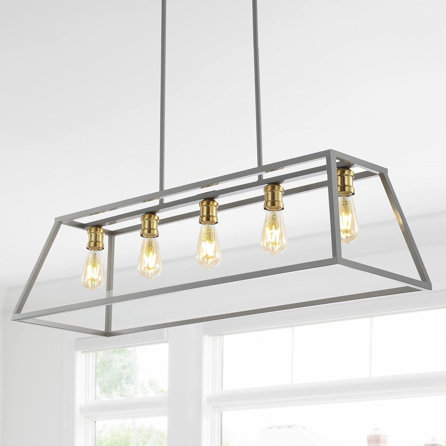image:imageJONATHAN Y 38 Oil Rubbed Bronze 5Light Farmhouse Linear Pendant for Kitchen Island Adjustable Iron Vintage Chandelier for Dining Room LED Bulbs Included Dimmable JYL7521AGreyBrass Gold