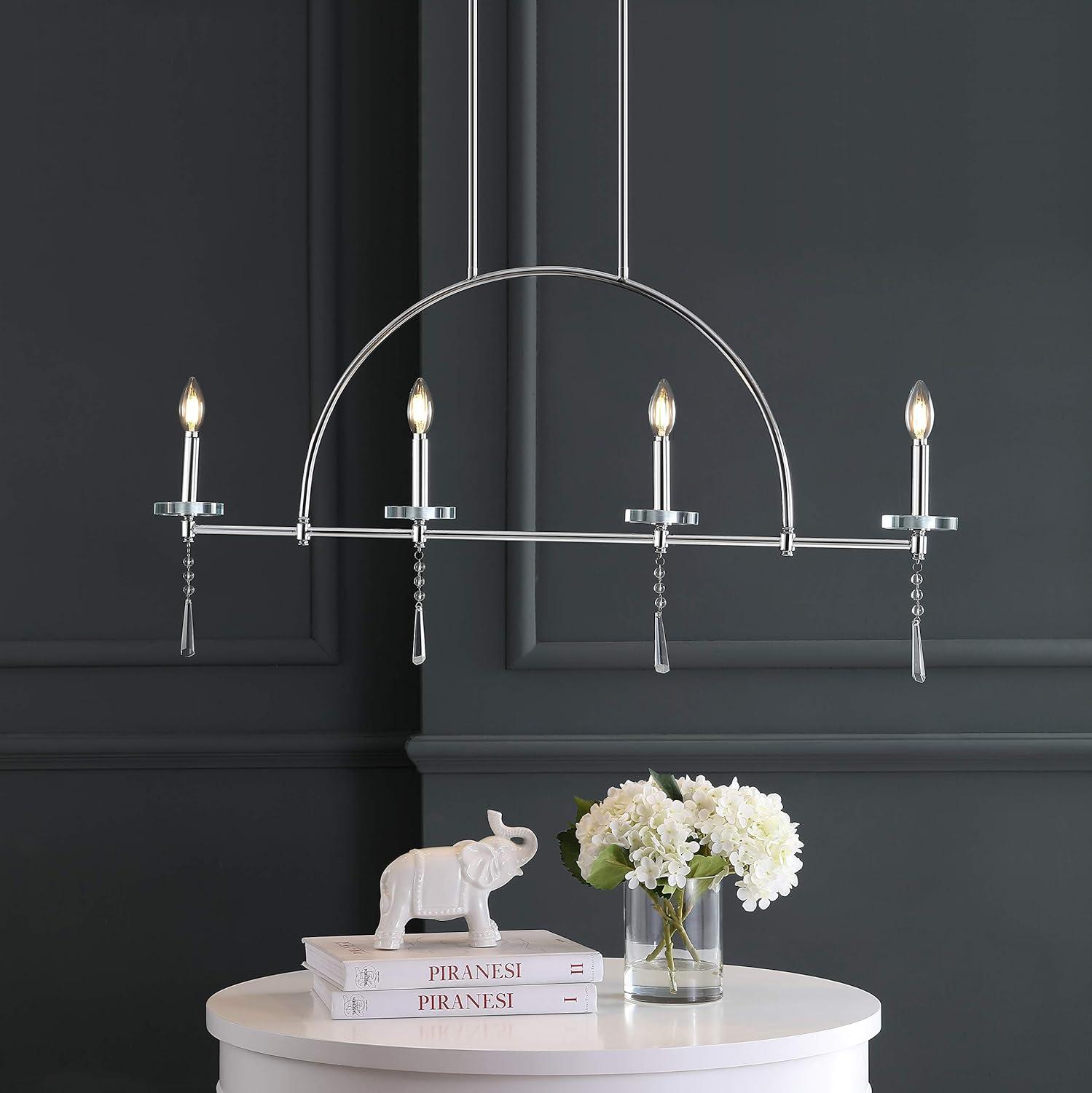 image:imageJONATHAN Y 41 Chrome 4Light Metal and Crystal Linear Pendant Light Modern Geometric Chandelier for Kitchen Island Dining Room Adjustable Height LED Bulbs Included JYL7401A
