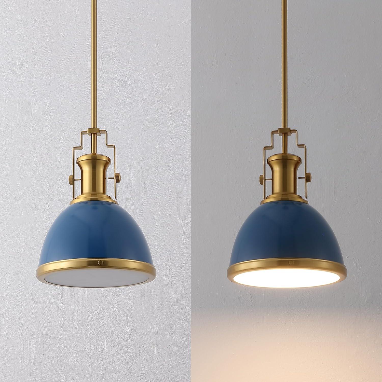 image:imageJONATHAN Y JYL9535G 10 Modern Industrial Dome Pendant Light Farmhouse Hanging Light Fixture in Navy and Brass Gold Adjustable Height Metal Lighting for Kitchen Island Dining Room Entryway