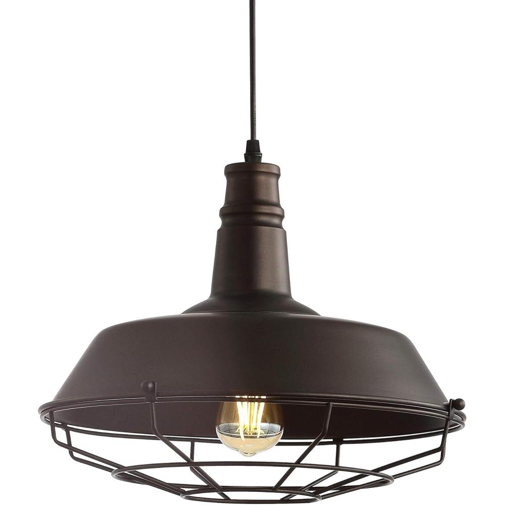 image:imageJONATHAN Y 1425 Oil Rubbed Bronze 1Light Iron Pendant Light Adjustable Height Farmhouse Industrial Metal Cage Fixture for Kitchen Island Dining Room LED Bulb Included JYL9533A