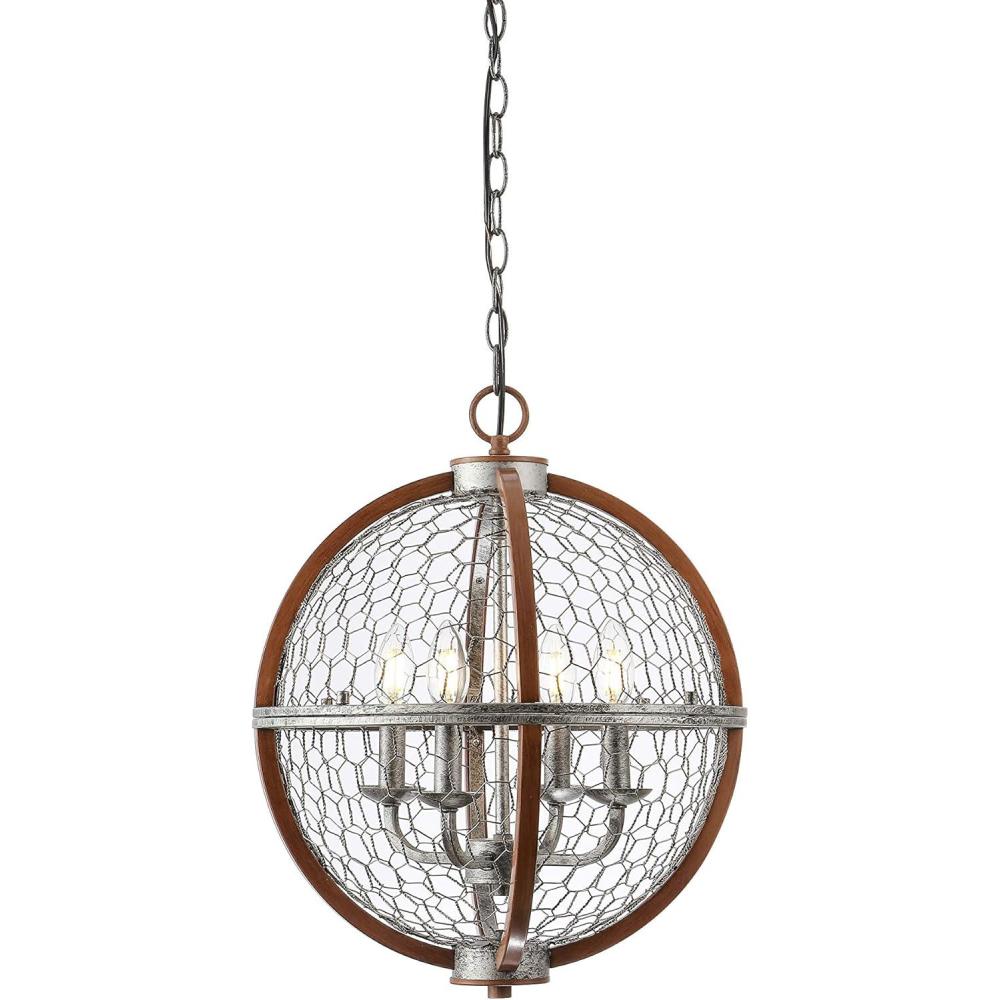image:imageJONATHAN Y 16 Antiqued SilverBrown 4Light Iron Pendant Light Rustic French Country Globe Chicken Wire Chandelier for Kitchen Island Adjustable Height LED Bulbs Included JYL7518A