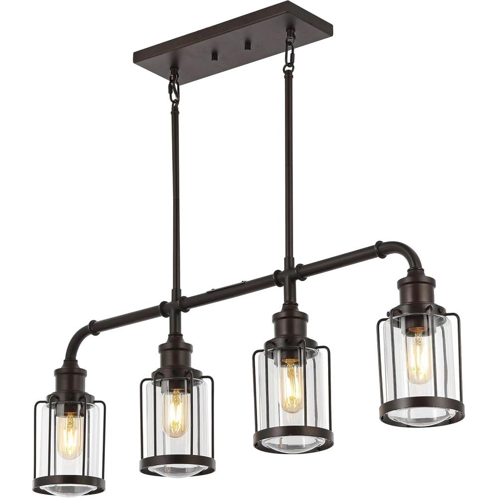 image:imageJONATHAN Y 34 Oil Rubbed Bronze 4Light Iron and Glass Linear Pendant Light Modern Farmhouse Island Lighting for Kitchen Dining Room Metal Cage Shades LED Bulbs Included JYL7592A