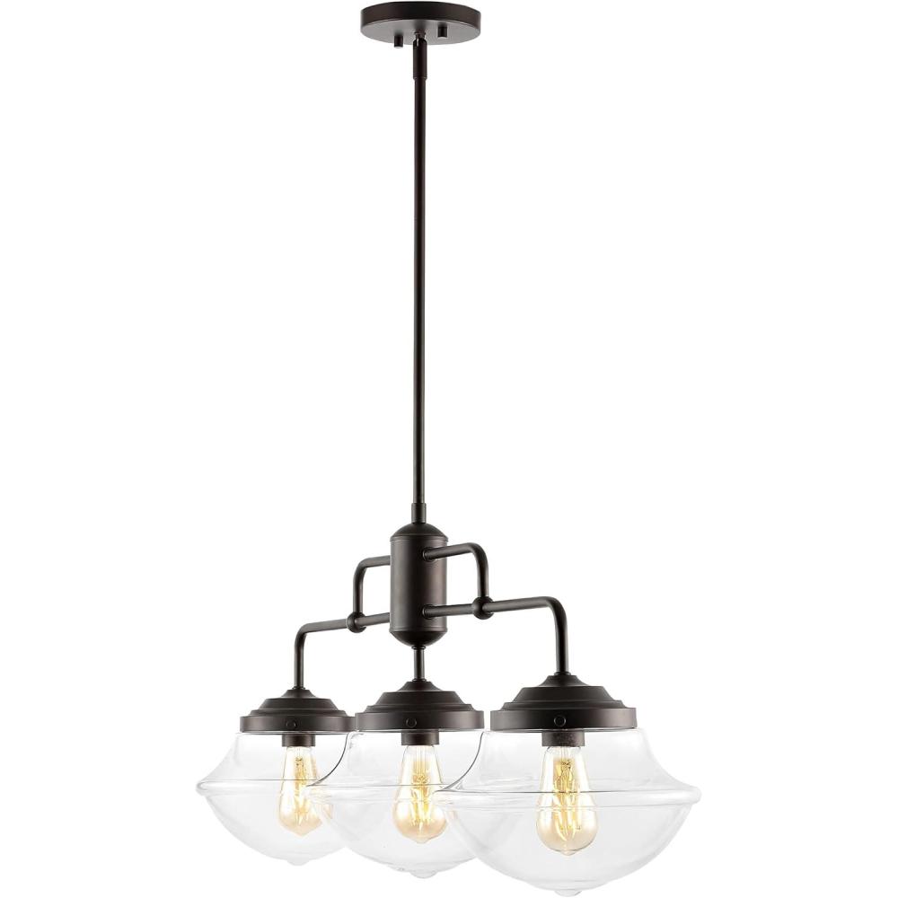 image:imageJONATHAN Y 375 Oil Rubbed Bronze 3Light Iron and Glass Linear Pendant Light Industrial Farmhouse Chandelier for Kitchen Island Dining Room LED Bulbs Included JYL7588A