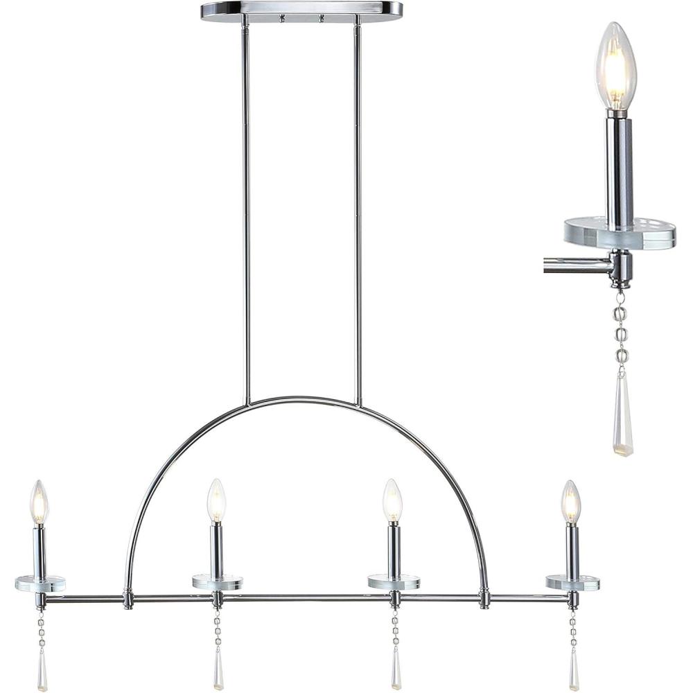 image:imageJONATHAN Y 41 Chrome 4Light Metal and Crystal Linear Pendant Light Modern Geometric Chandelier for Kitchen Island Dining Room Adjustable Height LED Bulbs Included JYL7401A