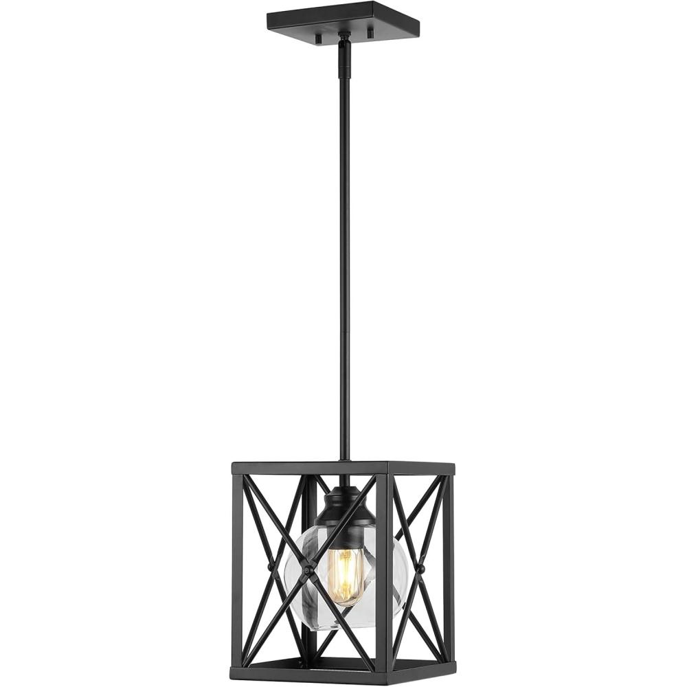 image:imageJONATHAN Y 8 Oil Rubbed Bronze 1Light Iron and Glass Pendant Light Industrial Farmhouse XFrame Caged Lantern for Kitchen Island Clear Glass Shade LED Bulb Included JYL7582A