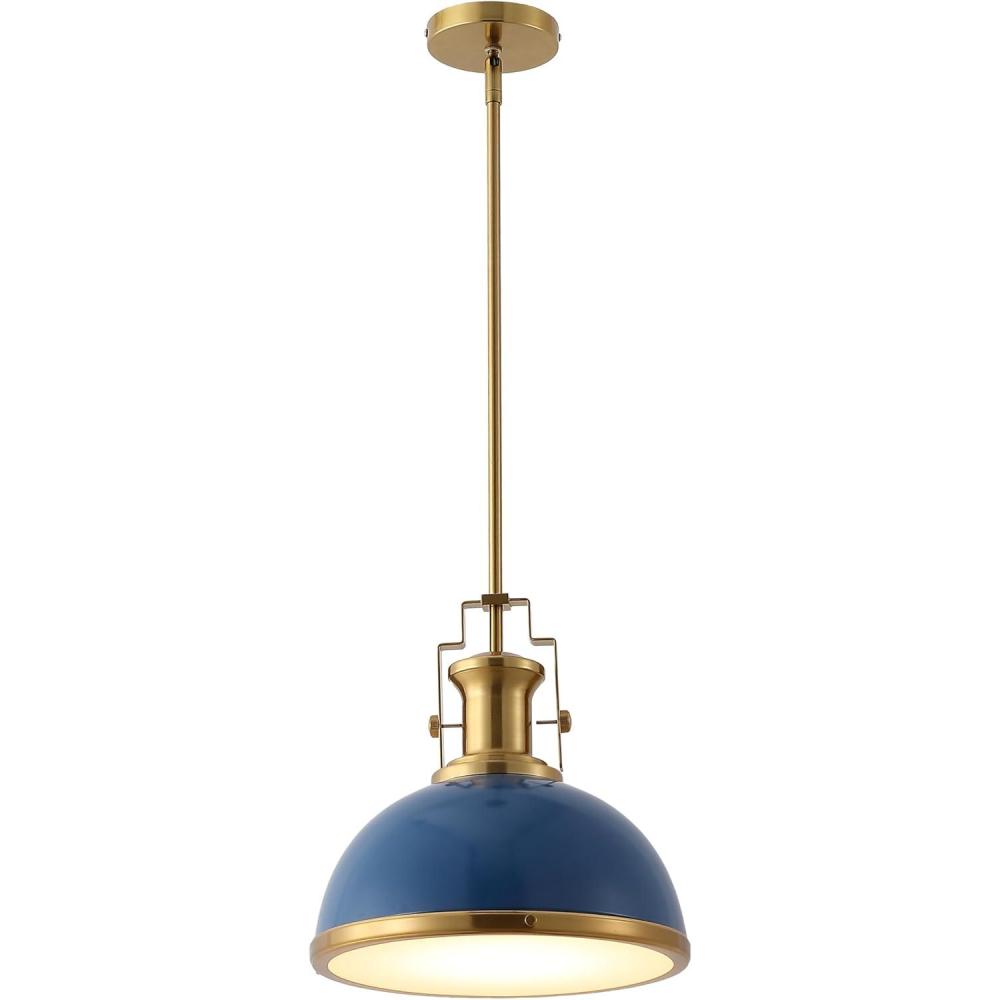 image:imageJONATHAN Y JYL9536G 13 Modern Industrial Dome Pendant Light Farmhouse Hanging Light Fixture in Navy and Brass Gold Adjustable Height Metal Lighting for Kitchen Island Dining Room Entryway