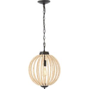 JONATHAN Y 12.5″ Oil Rubbed Bronze/Light Brown 1-Light Iron and Wood Bead Orb Pendant, Rustic Bohemian Ceiling Fixture for Kitchen Island, Farmhouse, LED Bulb Included JYL9930A