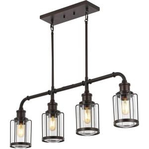 JONATHAN Y 34″ Oil Rubbed Bronze 4-Light Iron and Glass Linear Pendant Light, Modern Farmhouse Island Lighting for Kitchen Dining Room, Metal Cage Shades, LED Bulbs Included JYL7592A
