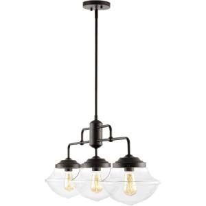 JONATHAN Y 37.5″ Oil Rubbed Bronze 3-Light Iron and Glass Linear Pendant Light, Industrial Farmhouse Chandelier for Kitchen Island Dining Room, LED Bulbs Included JYL7588A