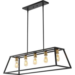 JONATHAN Y 38″ Oil Rubbed Bronze 5-Light Farmhouse Linear Pendant for Kitchen Island, Adjustable Iron Vintage Chandelier for Dining Room, LED Bulbs Included, Dimmable JYL7521A(Black/Brass Gold)