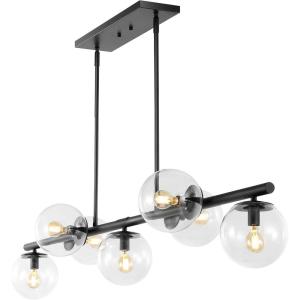 JONATHAN Y 53″ Black/Clear 7-Light Linear Pendant for Kitchen Island Decor, Modern Midcentury Glam Chandelier, Frosted White Glass Globe Shades, LED Bulbs Included (JYL7573B)(Black)