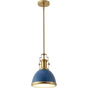 JONATHAN Y JYL9535G 10″ Modern Industrial Dome Pendant Light, Farmhouse Hanging Light Fixture in Navy and Brass Gold, Adjustable Height Metal Lighting for Kitchen Island, Dining Room, Entryway