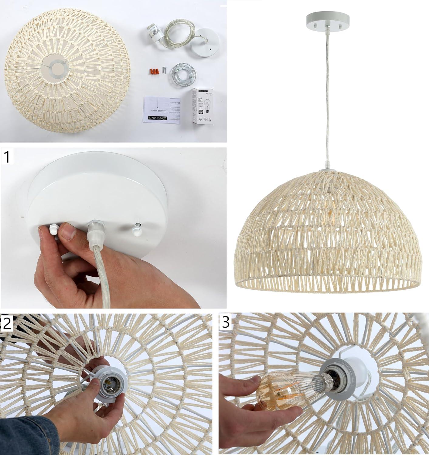 image:imageJONATHAN Y 20 Brown Modern Bohemian Woven Rope LED Pendant Light Fixture Adjustable Dome Ceiling Lamp for Kitchen Island Rope Shade Coastal Farmhouse Decor JYL6504FWhite