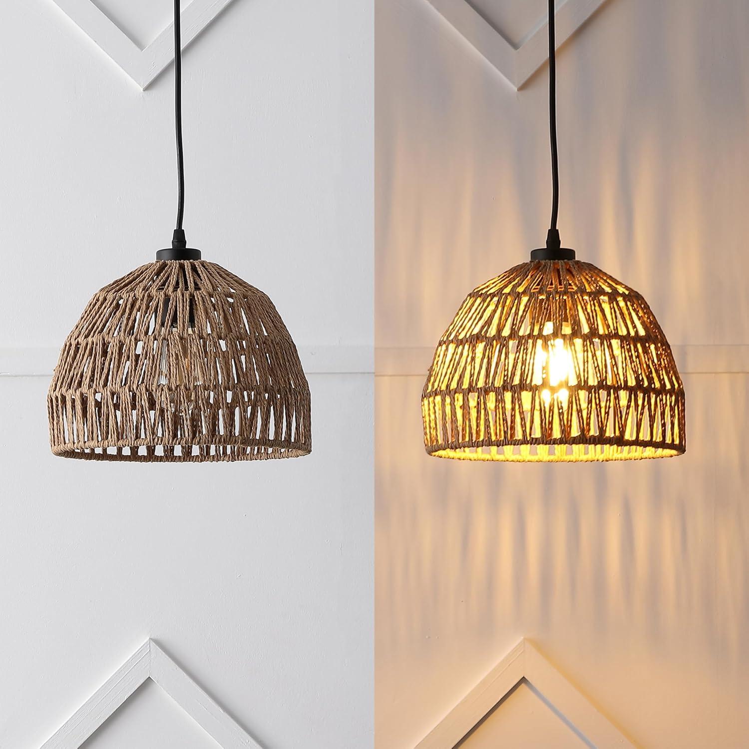 image:imageJONATHAN Y 20 Brown Modern Bohemian Woven Rope LED Pendant Light Fixture Adjustable Dome Ceiling Lamp for Kitchen Island Rope Shade Coastal Farmhouse Decor JYL6504FBrownBlack