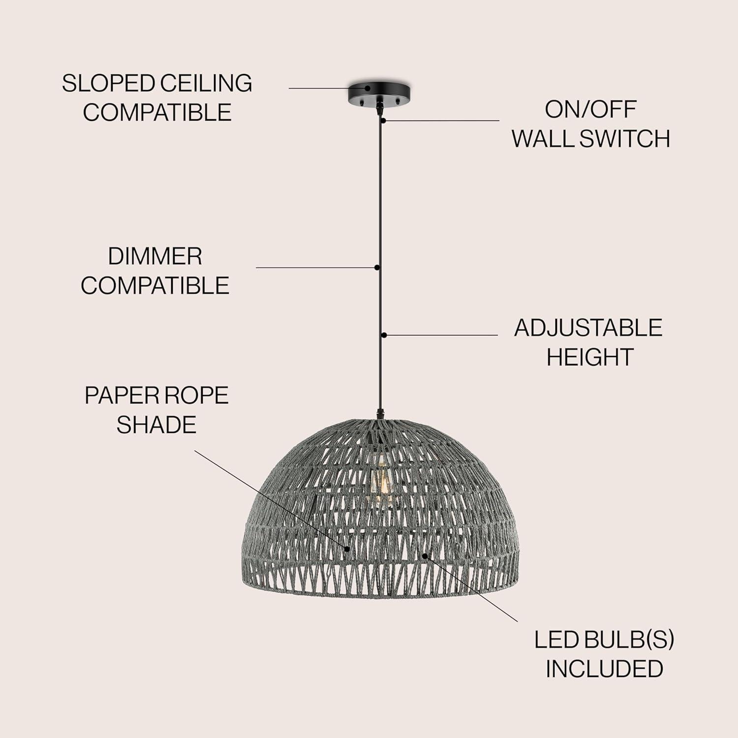 image:imageJONATHAN Y 20 Brown Modern Bohemian Woven Rope LED Pendant Light Fixture Adjustable Dome Ceiling Lamp for Kitchen Island Rope Shade Coastal Farmhouse Decor JYL6504FGray