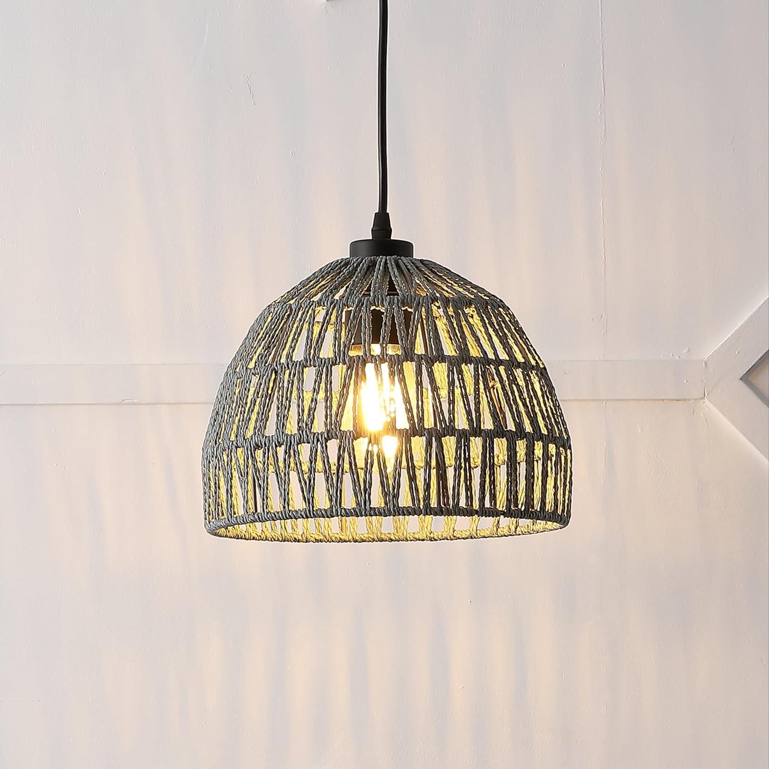 image:imageJONATHAN Y 20 Brown Modern Bohemian Woven Rope LED Pendant Light Fixture Adjustable Dome Ceiling Lamp for Kitchen Island Rope Shade Coastal Farmhouse Decor JYL6504FGray